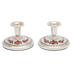 Pair of Norwegian Art Deco Sterling Silver and Guilloche Enamel Candlesticks