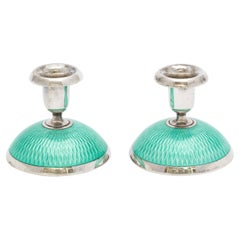 Pair of Art Deco Norwegian Sterling Silver and Turquoise Enamel Candlesticks