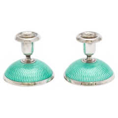 Vintage Pair of Art Deco Norwegian Sterling Silver and Turquoise Enamel Candlesticks