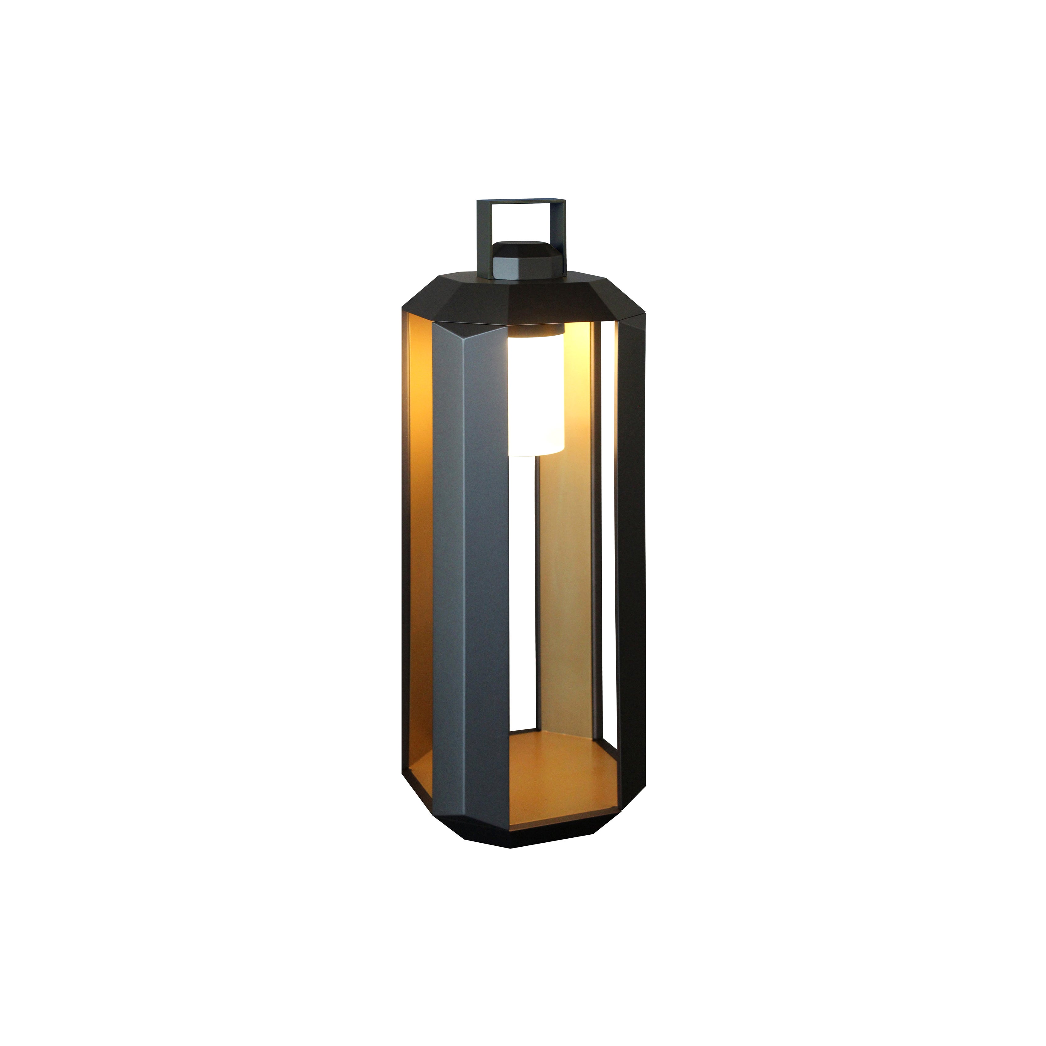 Cube Small Outdoor Battery Lantern in Dark Bronze and Gold Lacquered For Sale