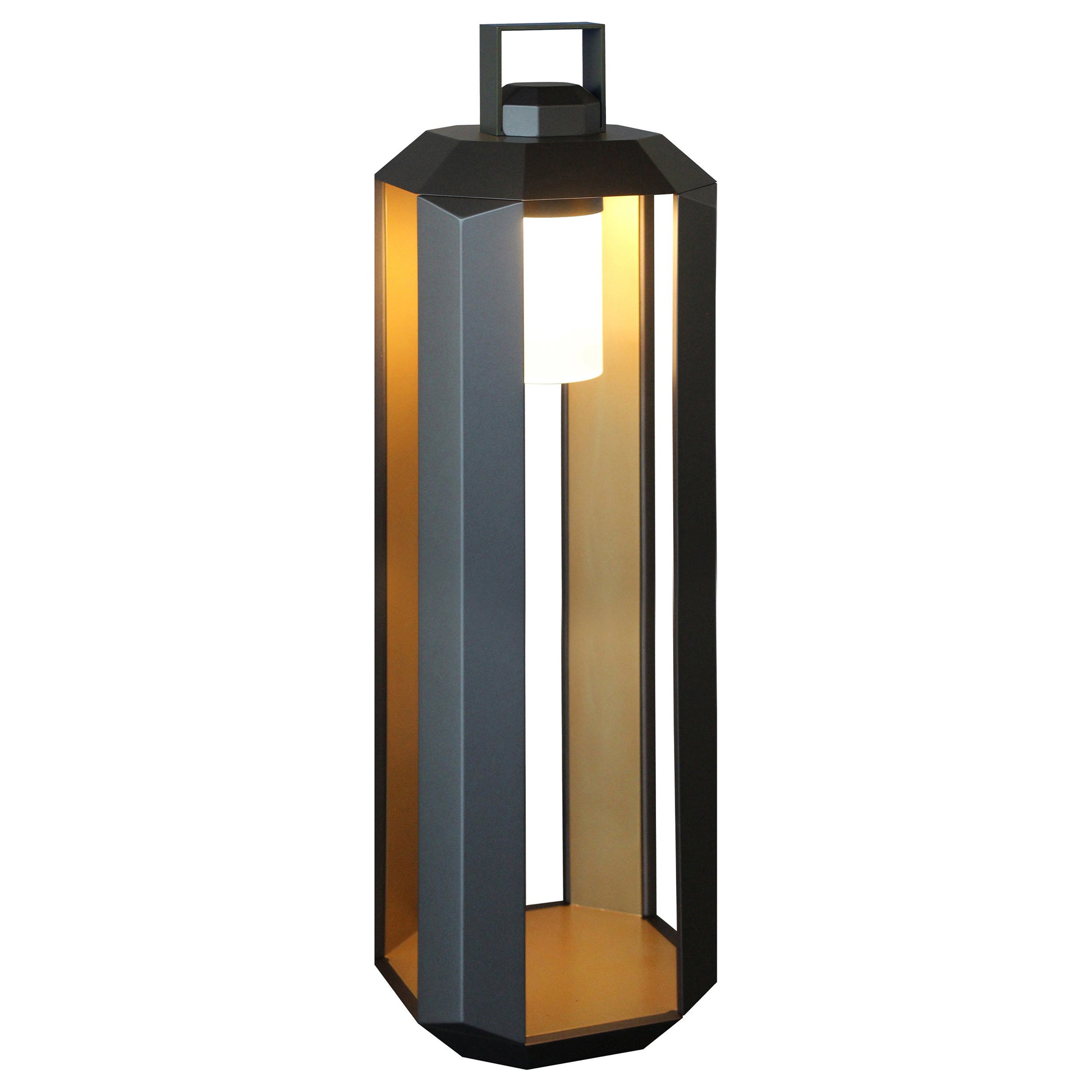 Cube Large Outdoor Battery Lantern in Dark Bronze and Gold Lacquered For Sale