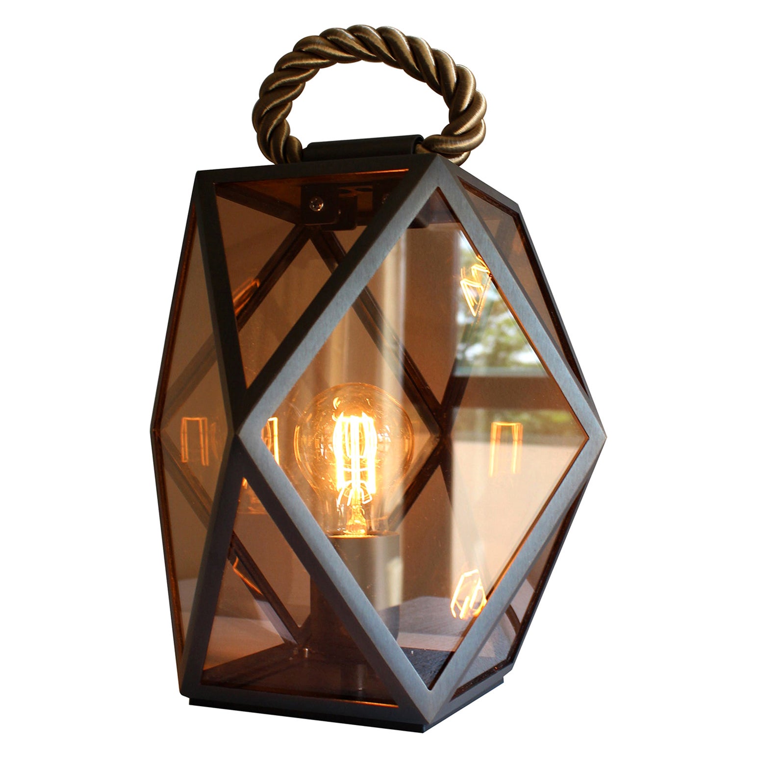Muse Lantern Small Lamp in Satin Bronze Structure, Honey-Silk Handle, and Amber  For Sale