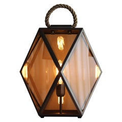 Muse Lantern Medium Lamp in Satin Bronze Structure, Honey-Silk Handle, and Amber