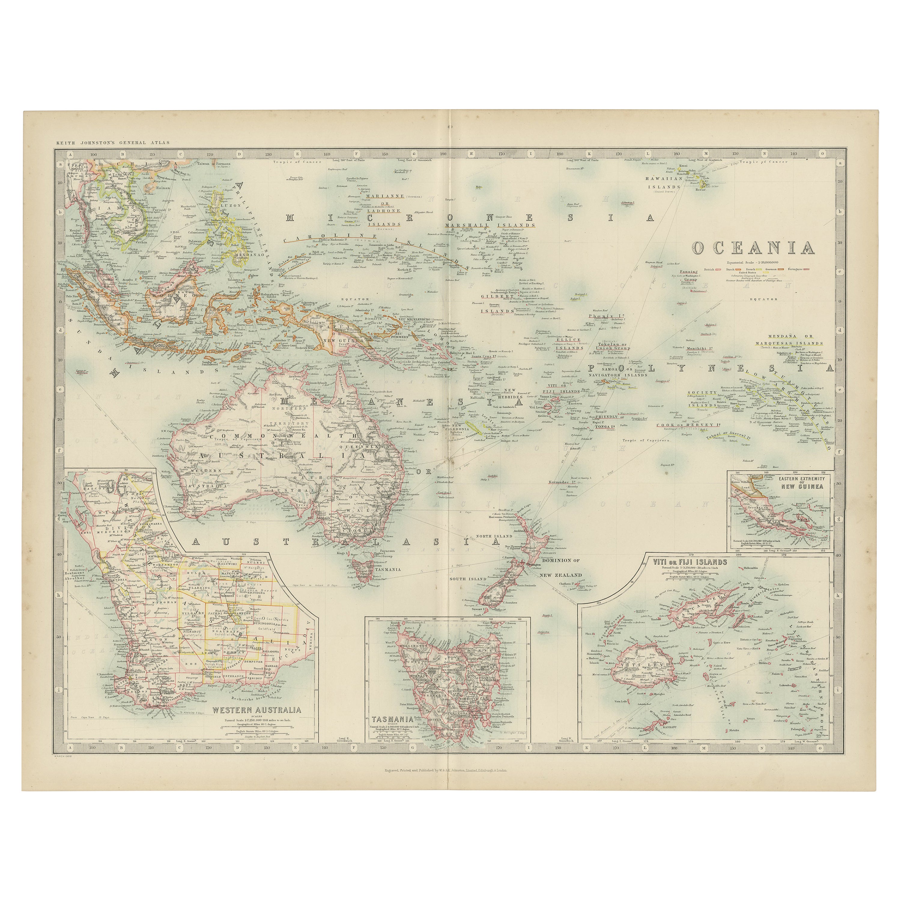 Antique Map of Oceania by Johnston (1909)