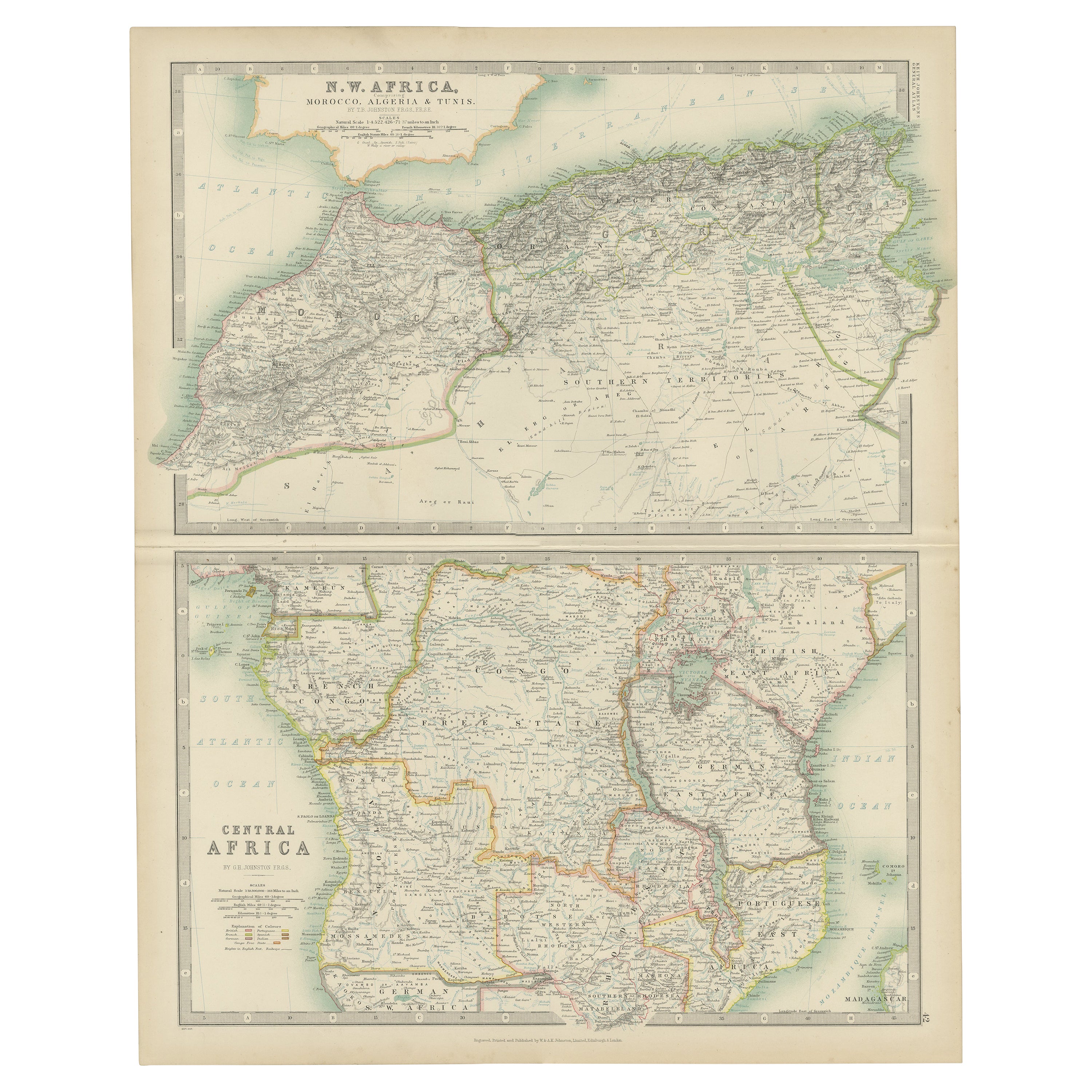 Carte ancienne de l'État de New-York Afrique et Afrique centrale par Johnston (1909) en vente