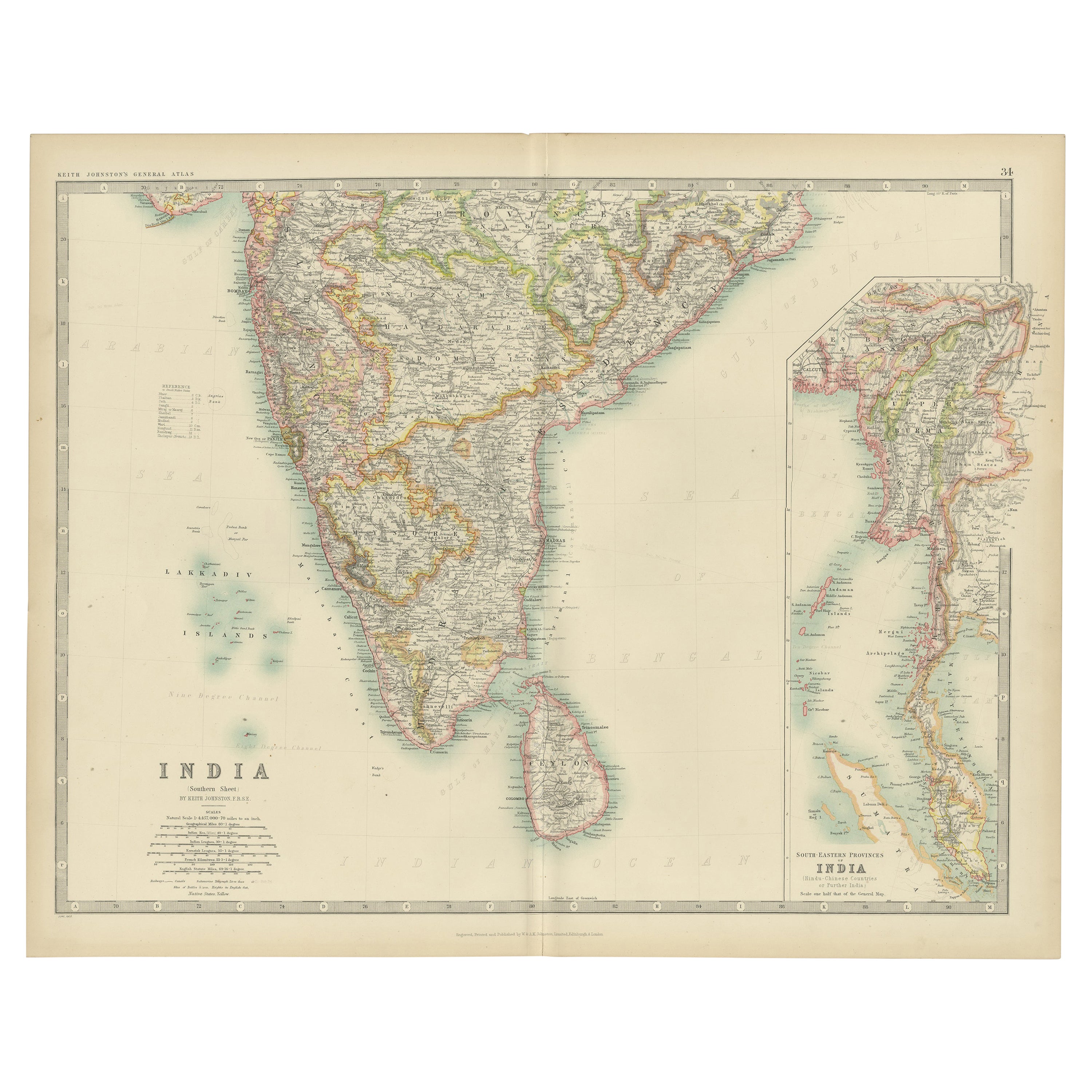 Antique Map of India ( Southern ) by Johnston (1909)