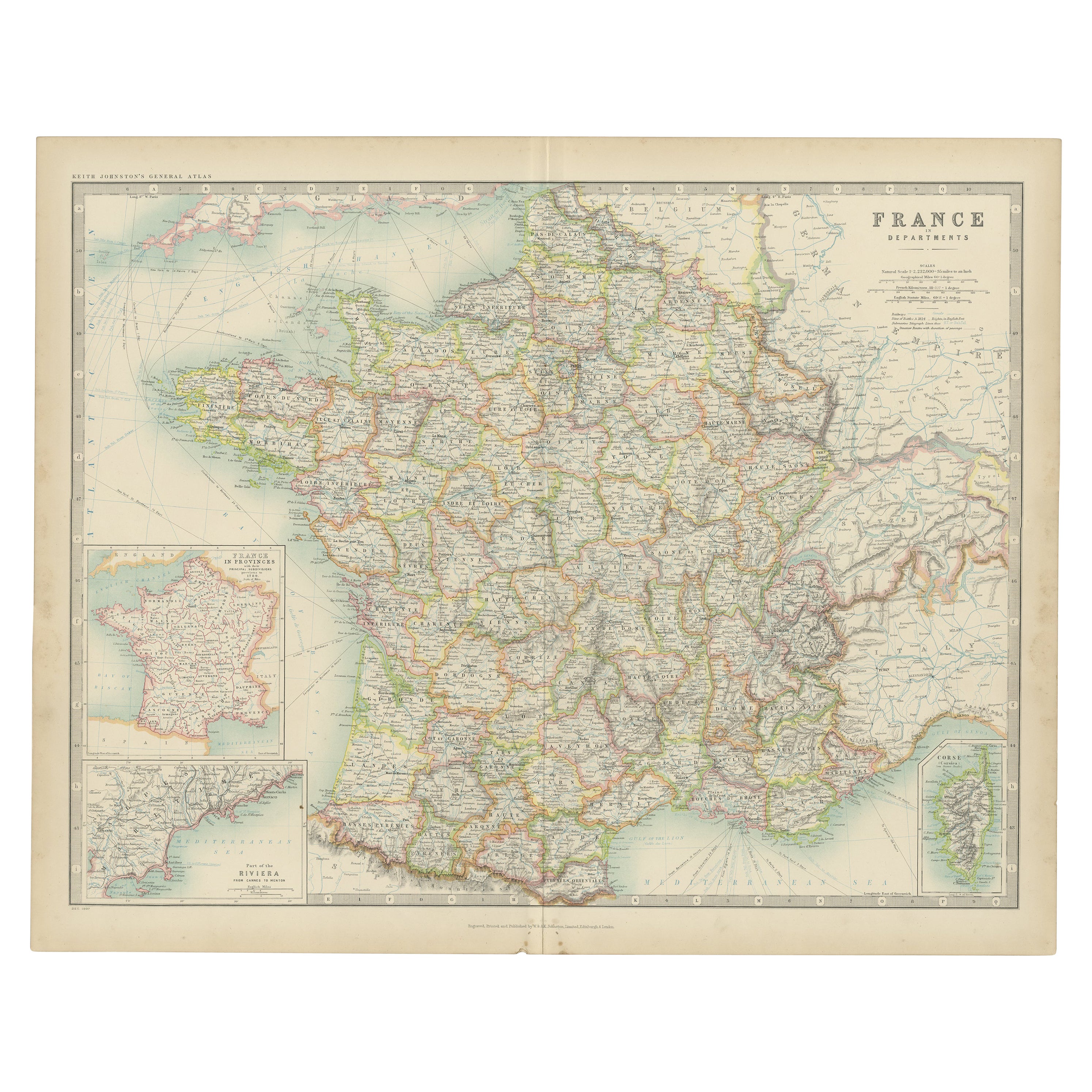 Antique Map of France by Johnston (1909) For Sale