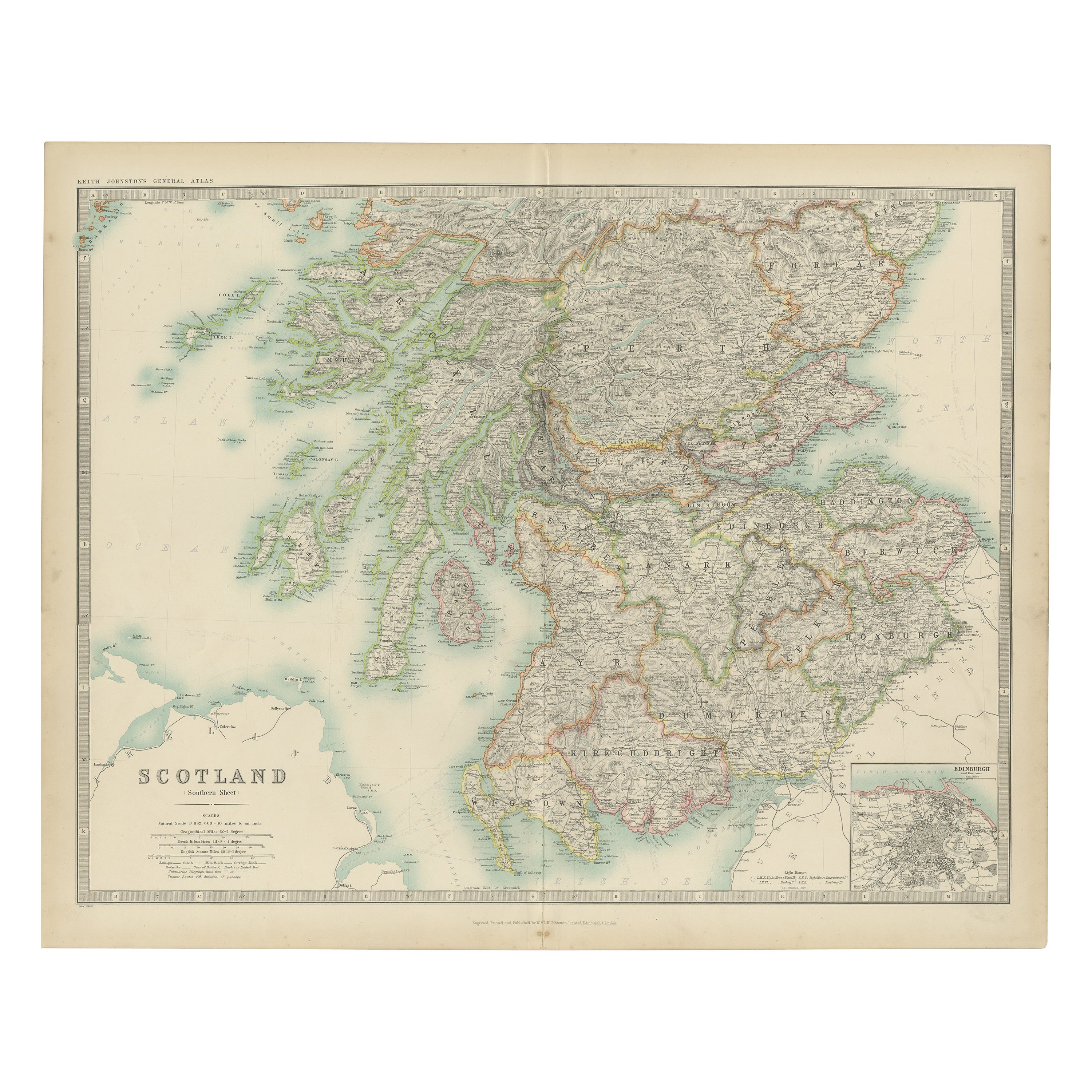 Antique Map of Scotland ( Southern ) by Johnston (1909)