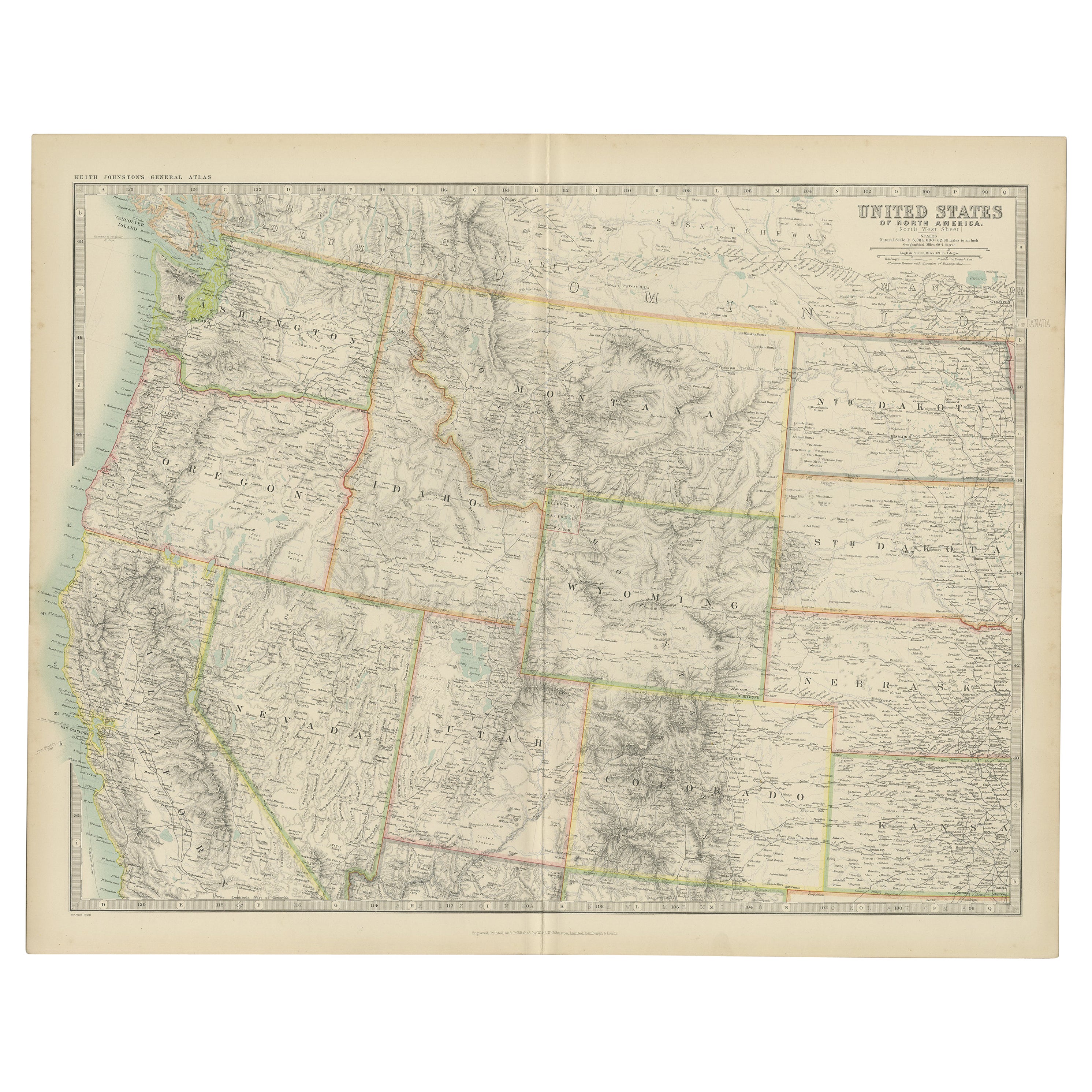 Antique Map of the United States 'North West' by Johnston, '1909' For Sale