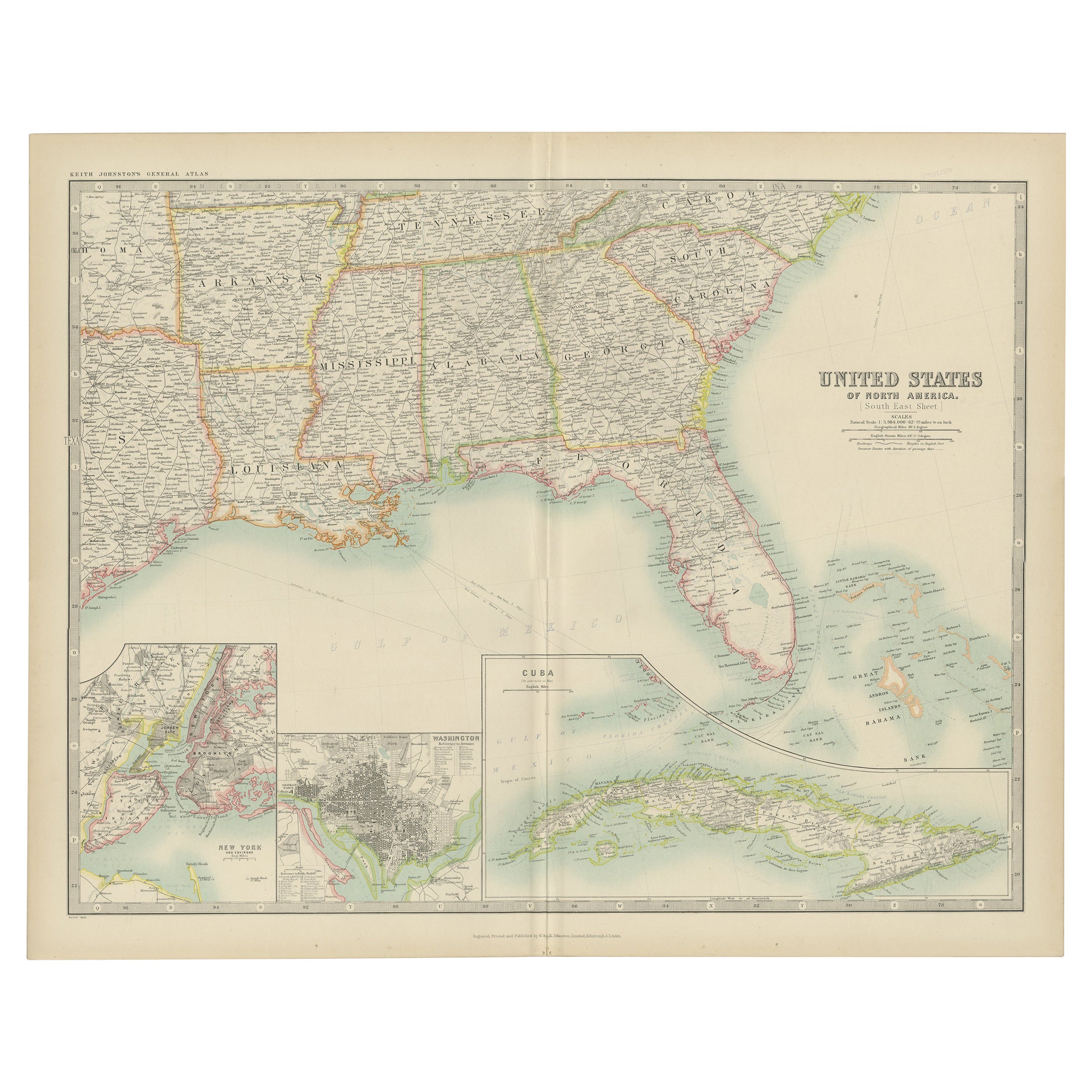 Carte ancienne des États-Unis " Sud-Est " de Johnston "1909