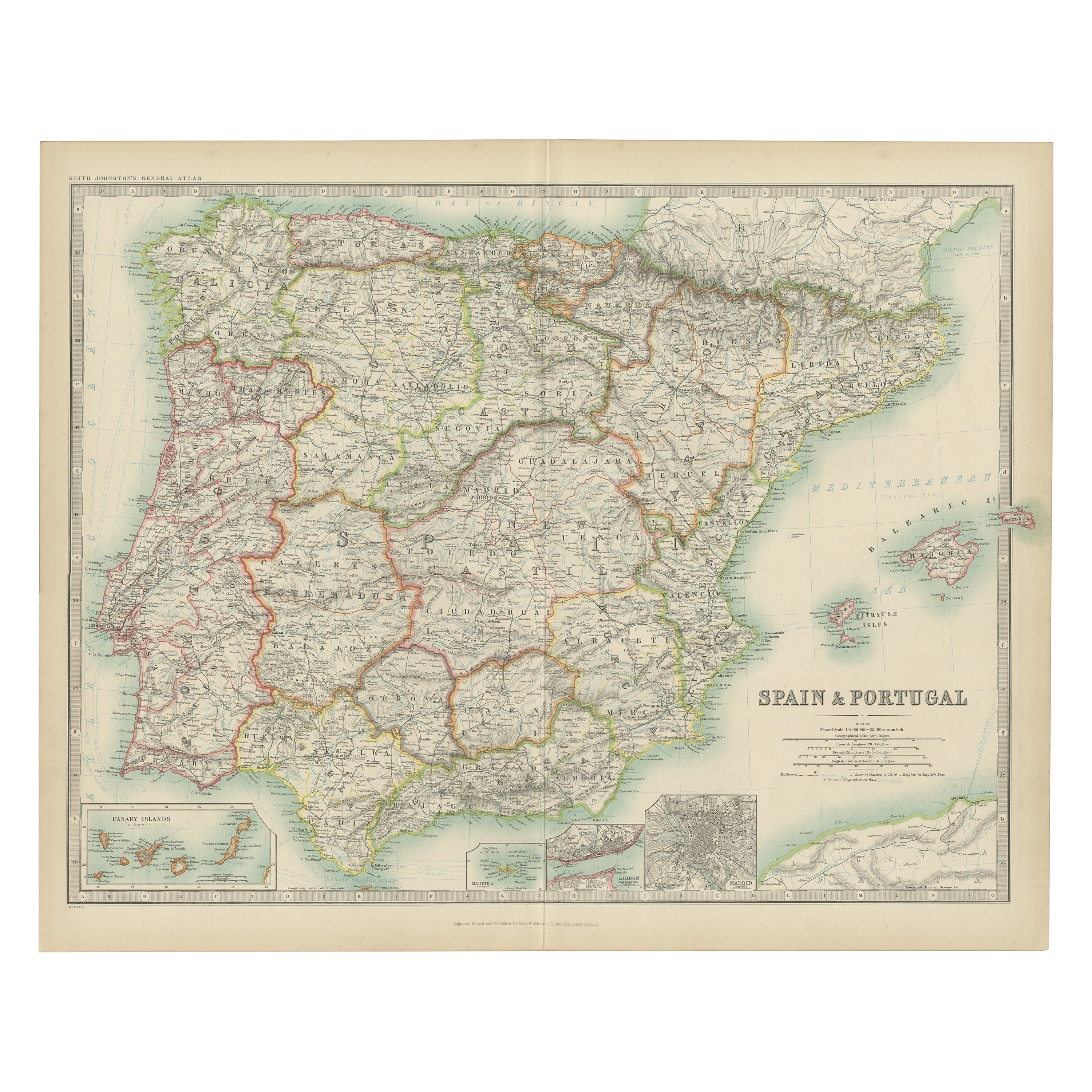 Antique Map of Spain and Portugal by Johnston, '1909'