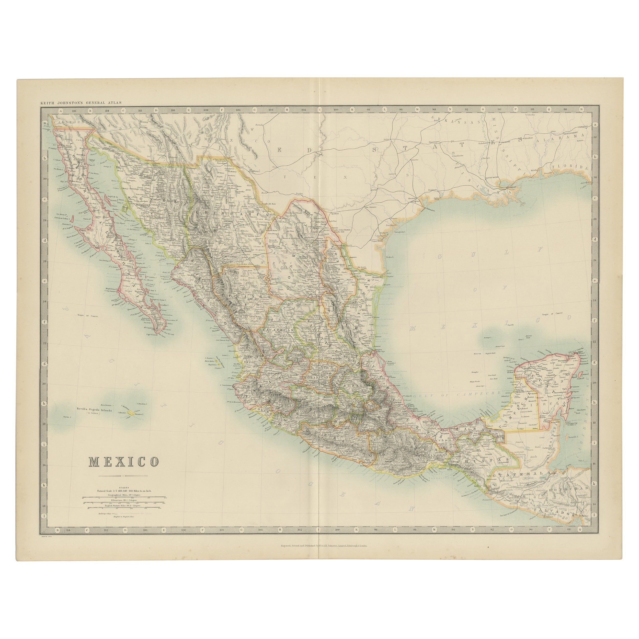 Antique Map of Mexico by Johnston, '1909' For Sale