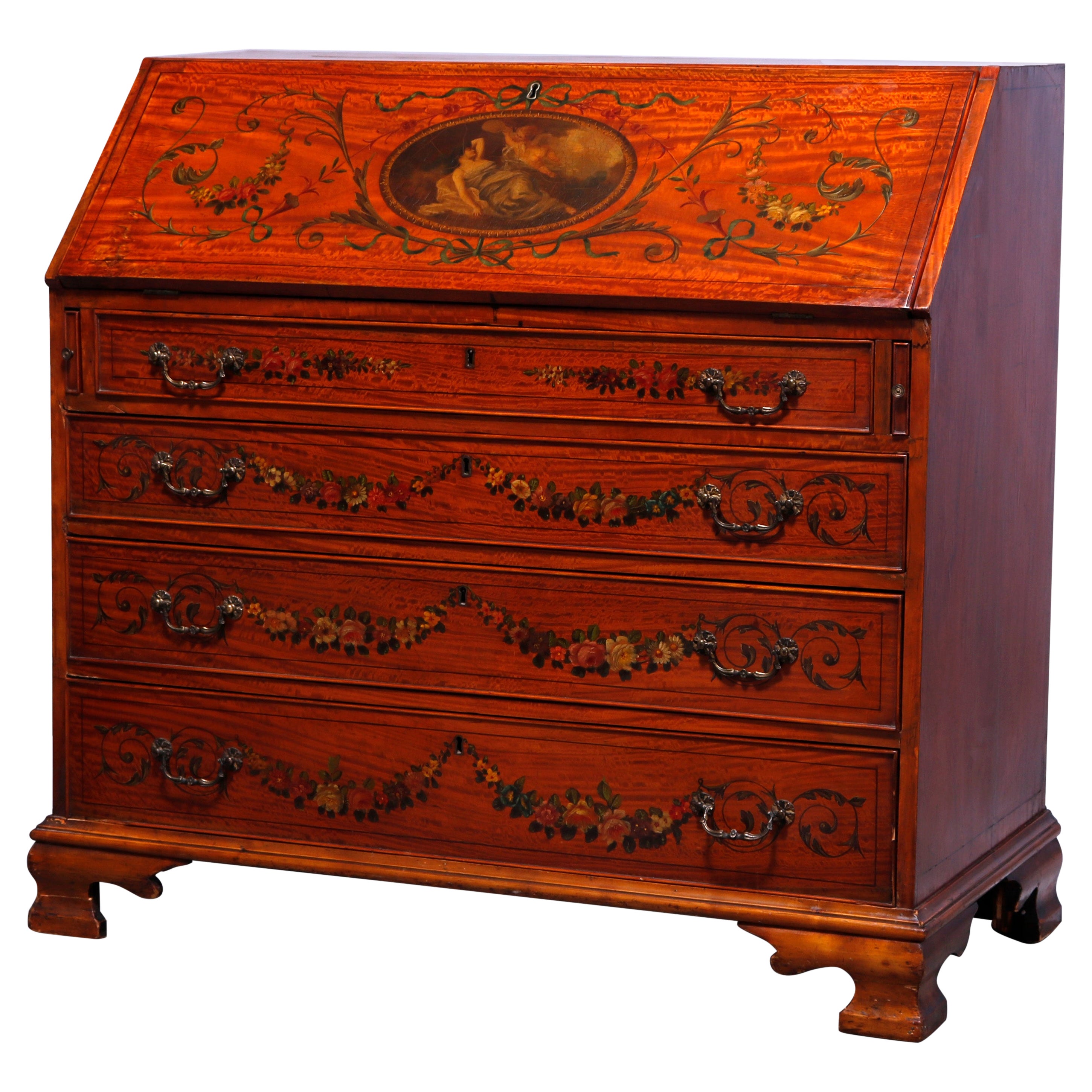 Antique English Adams Decorated Satinwood Drop-Front Desk, 18th-19th C For Sale
