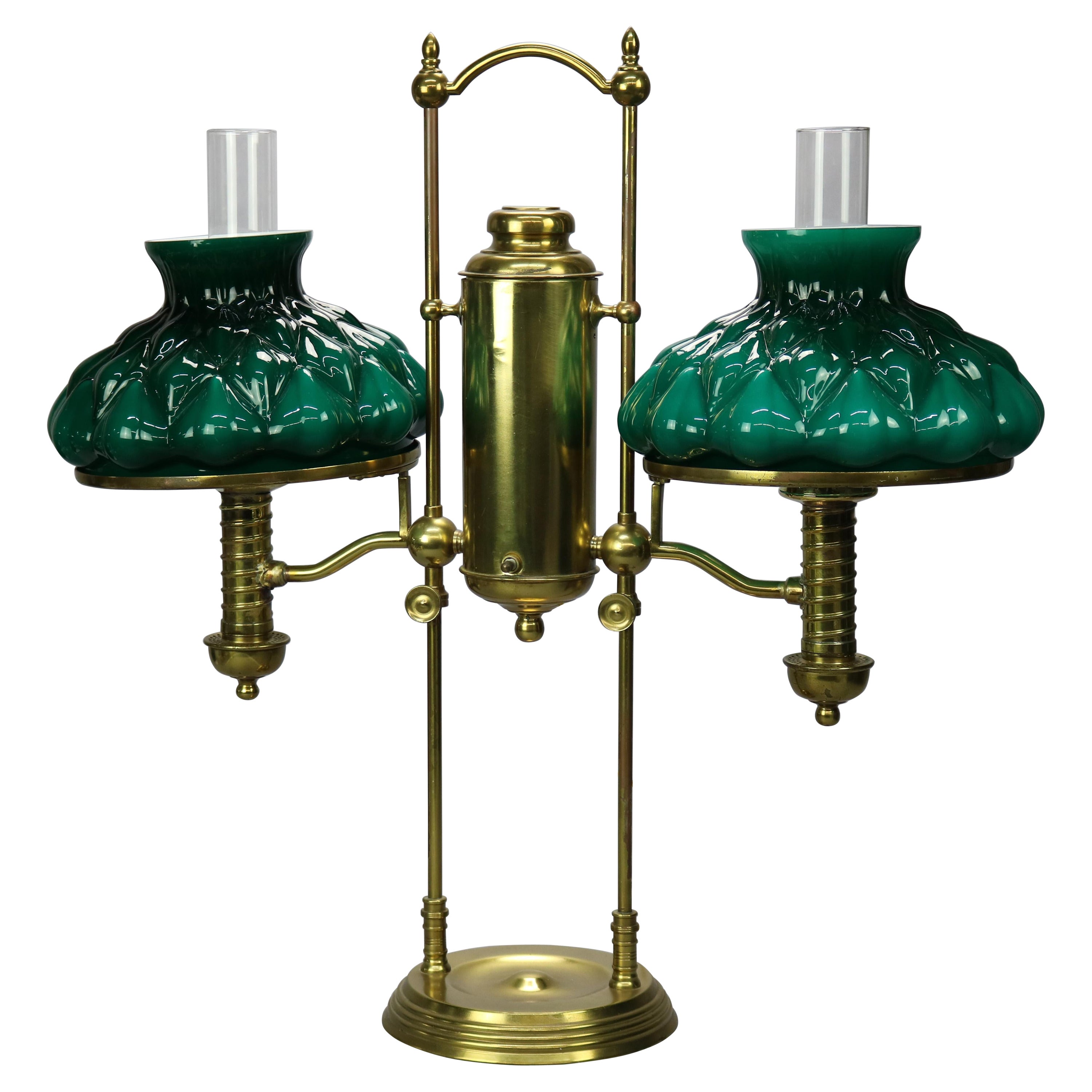 Antique Harvard School Brass Double Student Lamp & Emerald Glass Shades, 1890