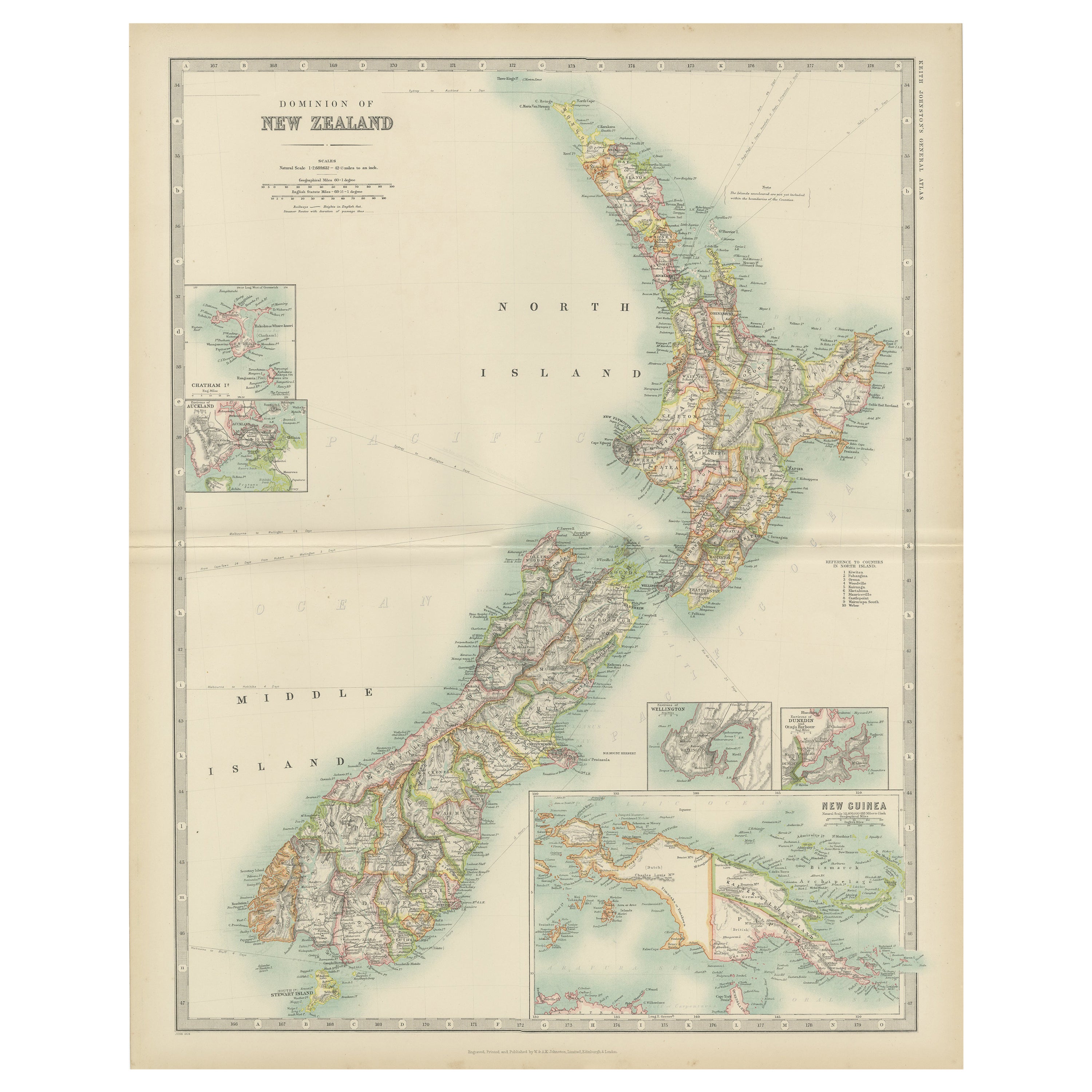 Antique Map of New Zealand by Johnston '1909'