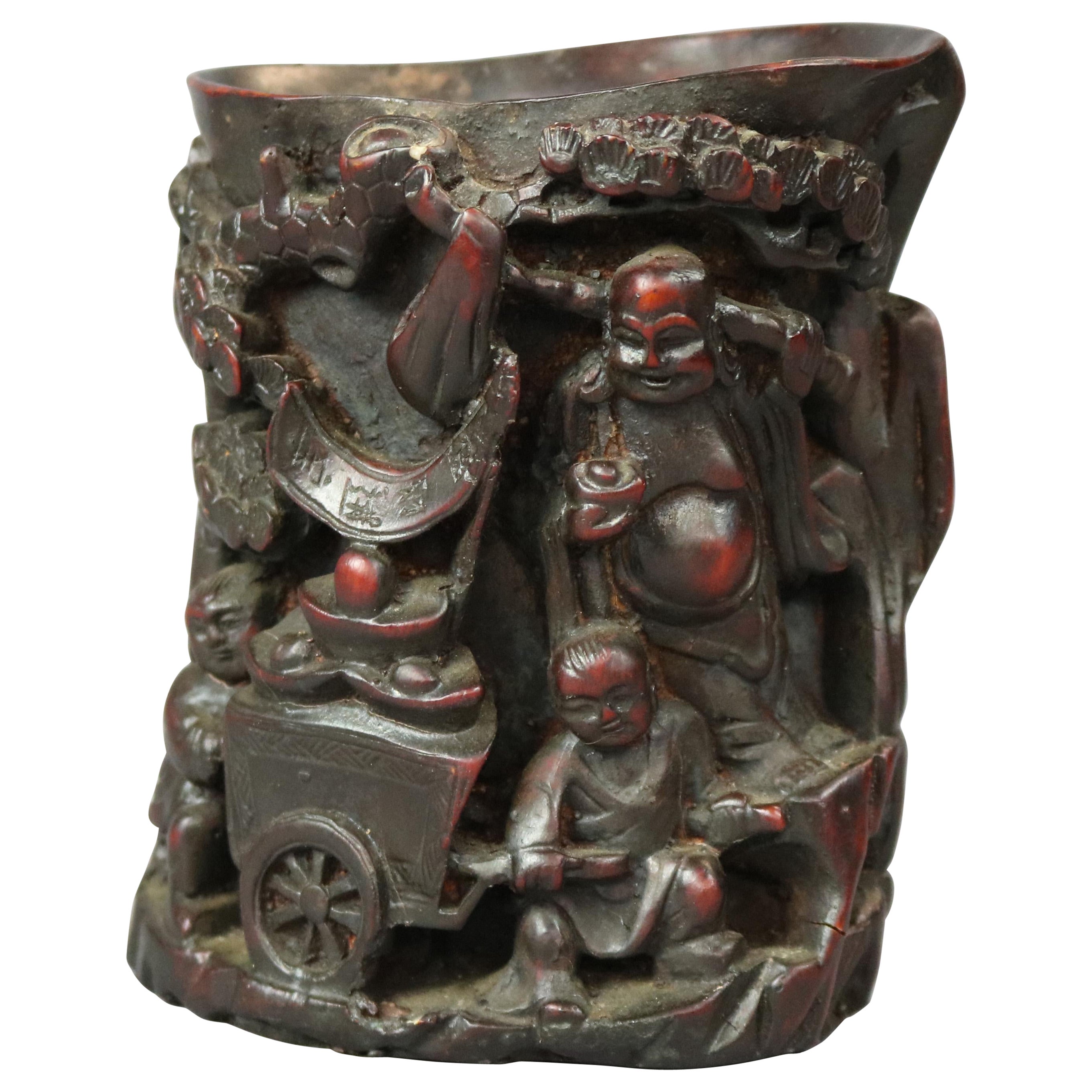 Antique Chinese Carved-In-Relief Resin Libation Cup, Genre Scene, 20th Century For Sale