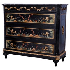 French Chinoiserie Decorated & Ebonized Marble Top Chest of Drawers, 20th C