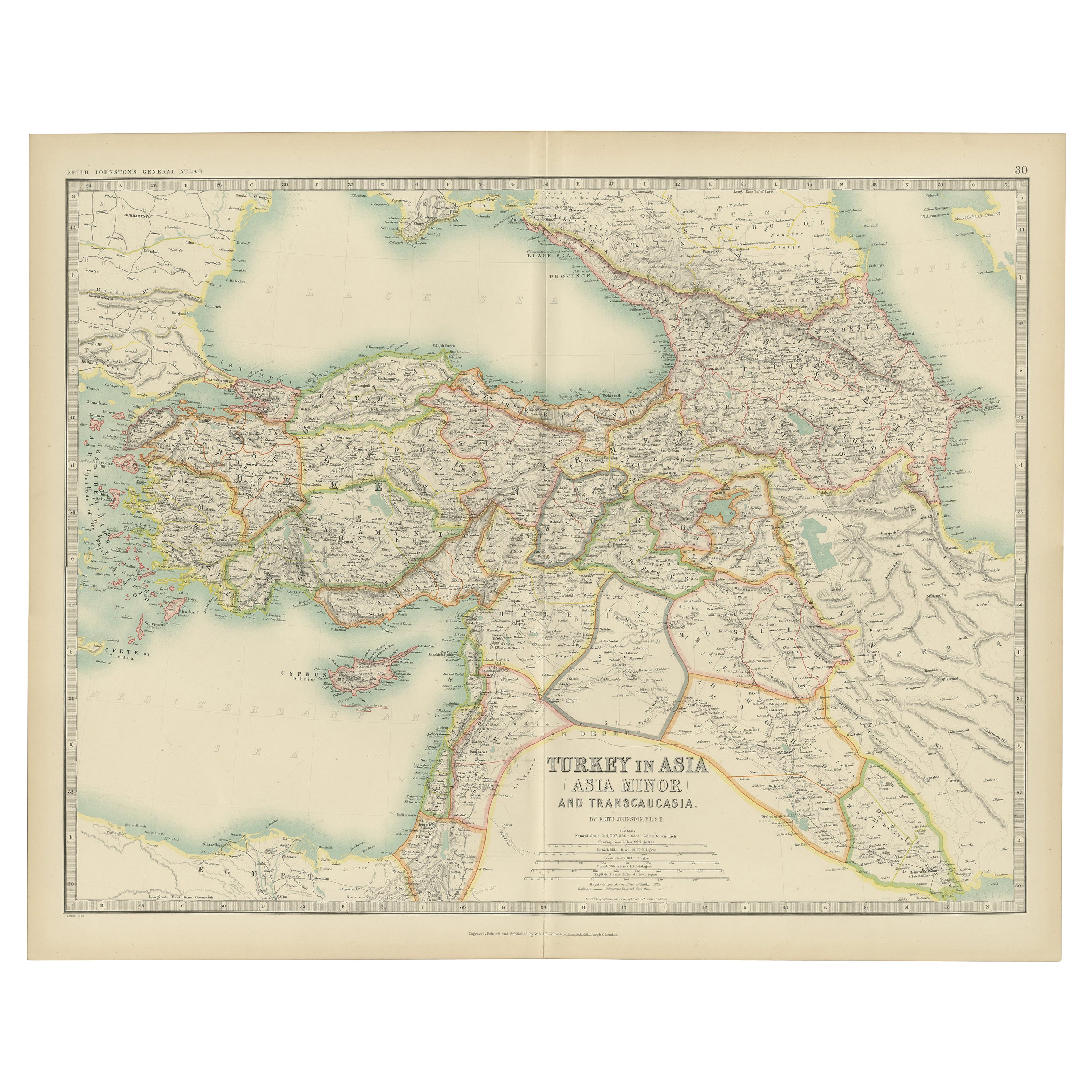 Antike Karte der Türkei in Asien von Johnston '1909'
