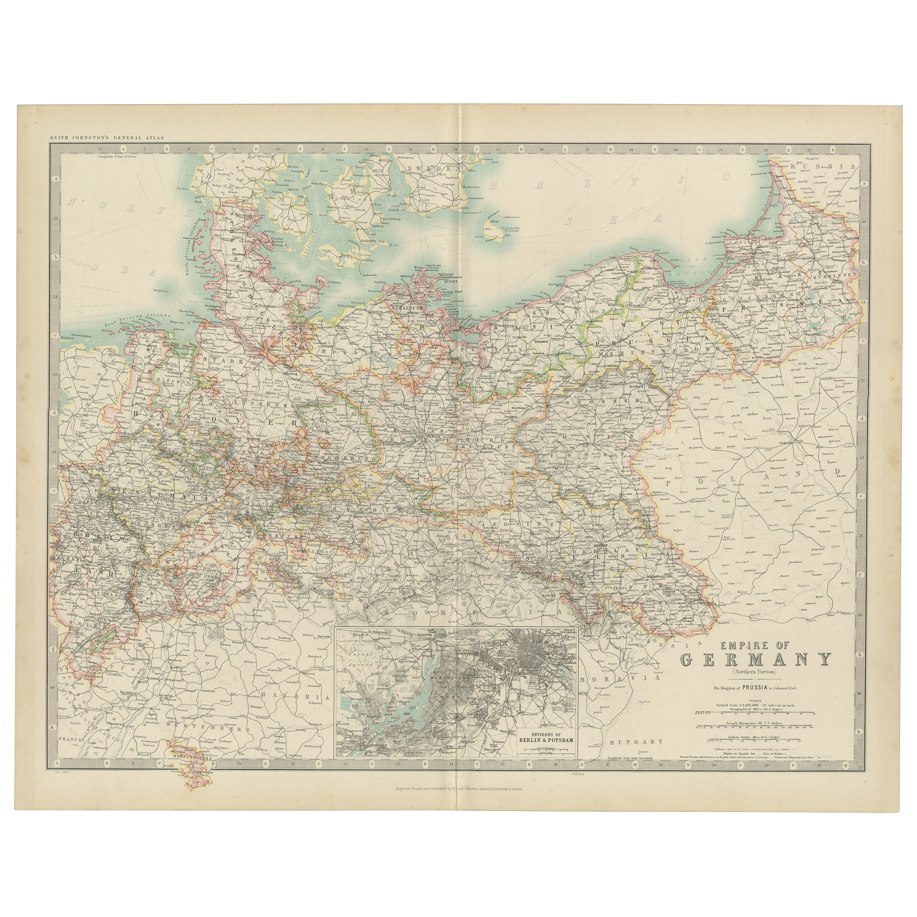 Antique Map of the German Empire by Johnston, '1909' For Sale