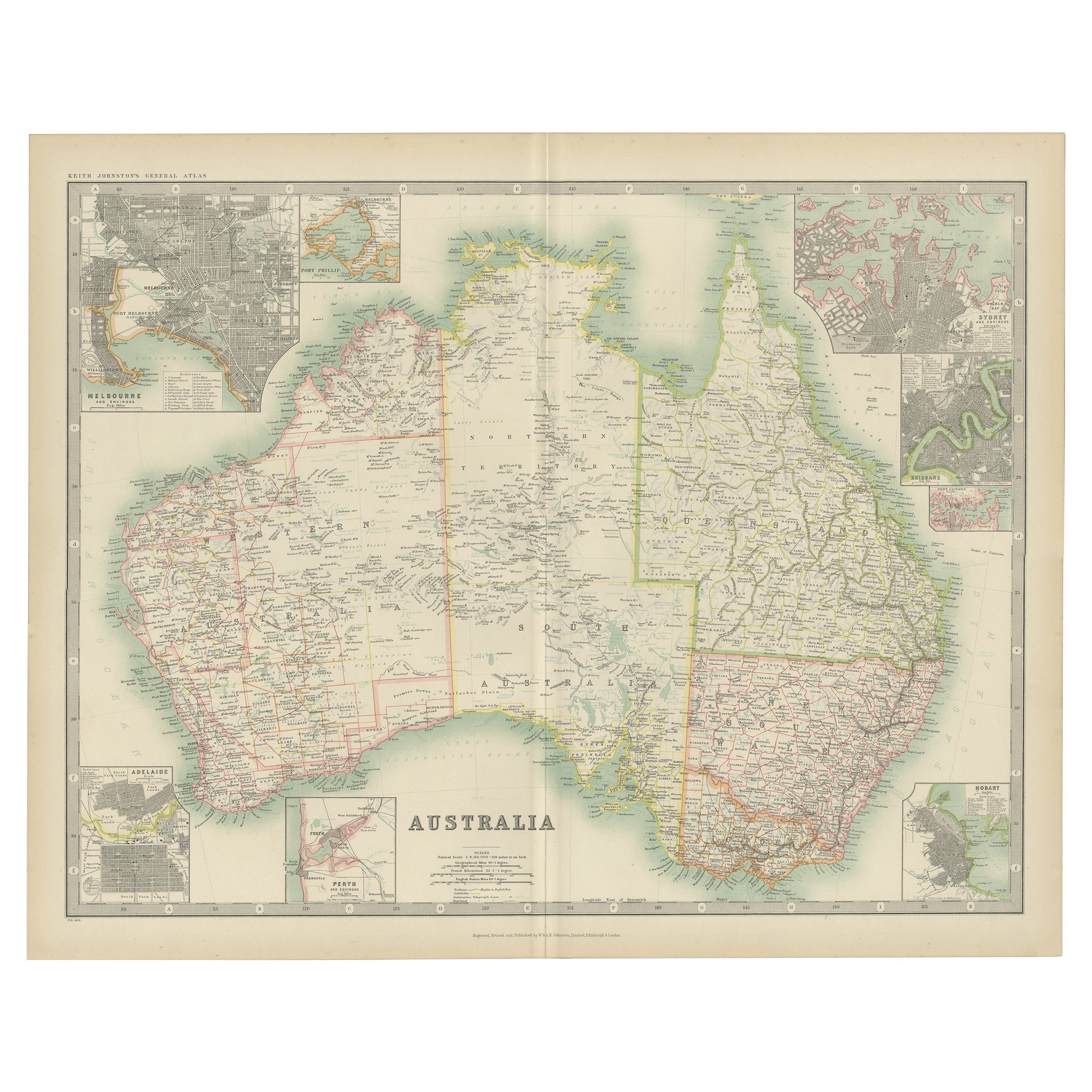 Carte ancienne de l'Australie par Johnston '1909'