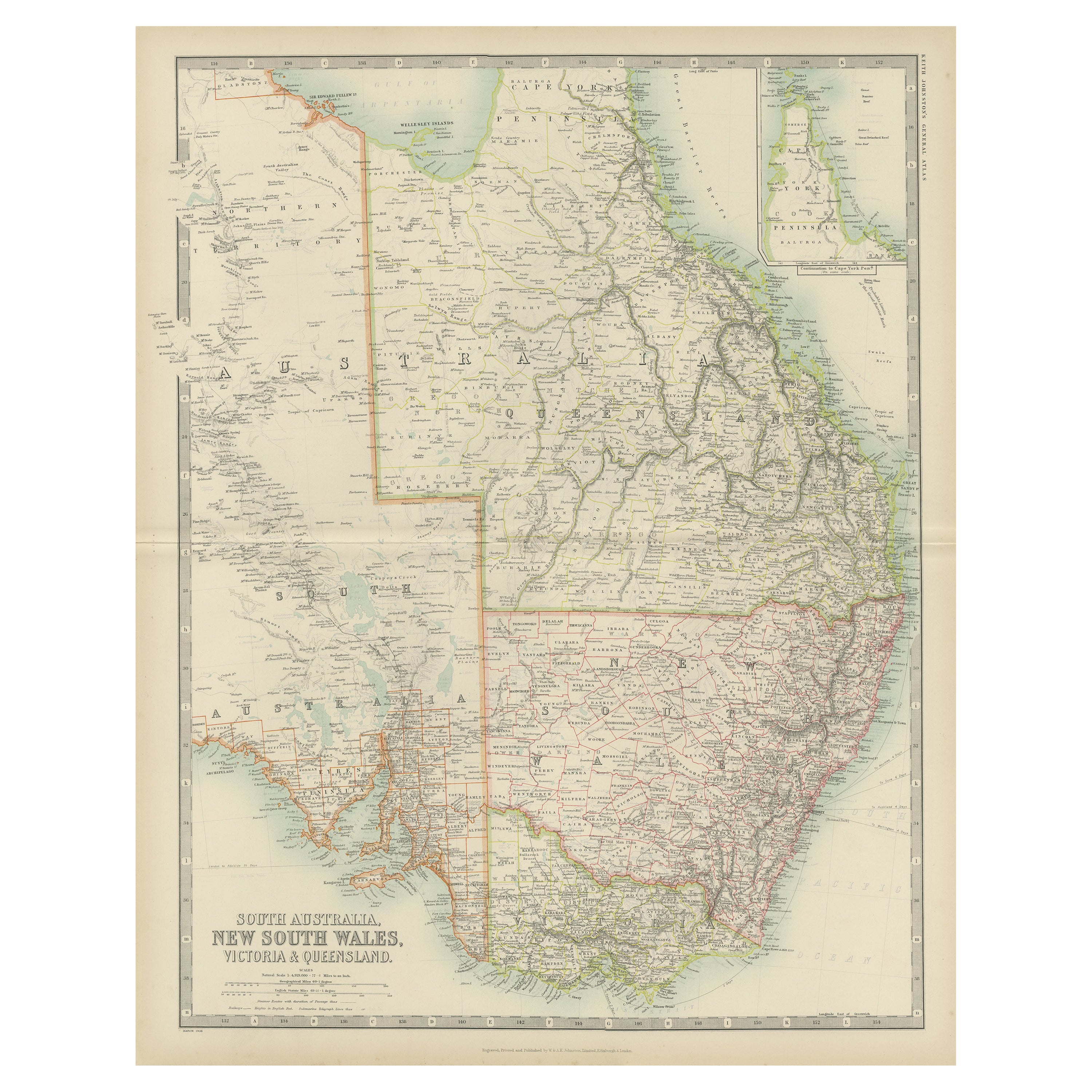Antique Map of New South Wales by Johnston, '1909' For Sale