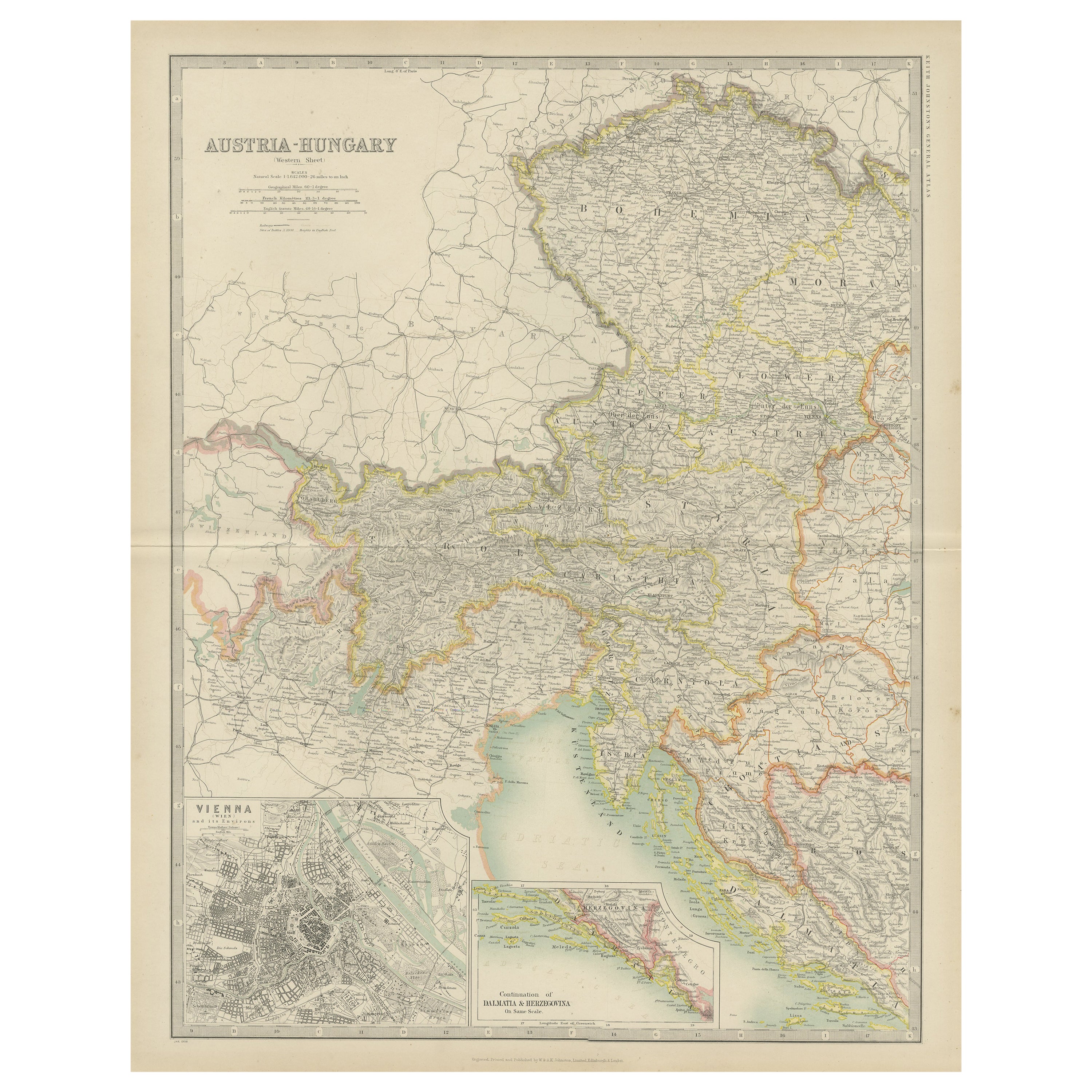 Antique Map of Austria- Hungary by Johnston '1909' For Sale