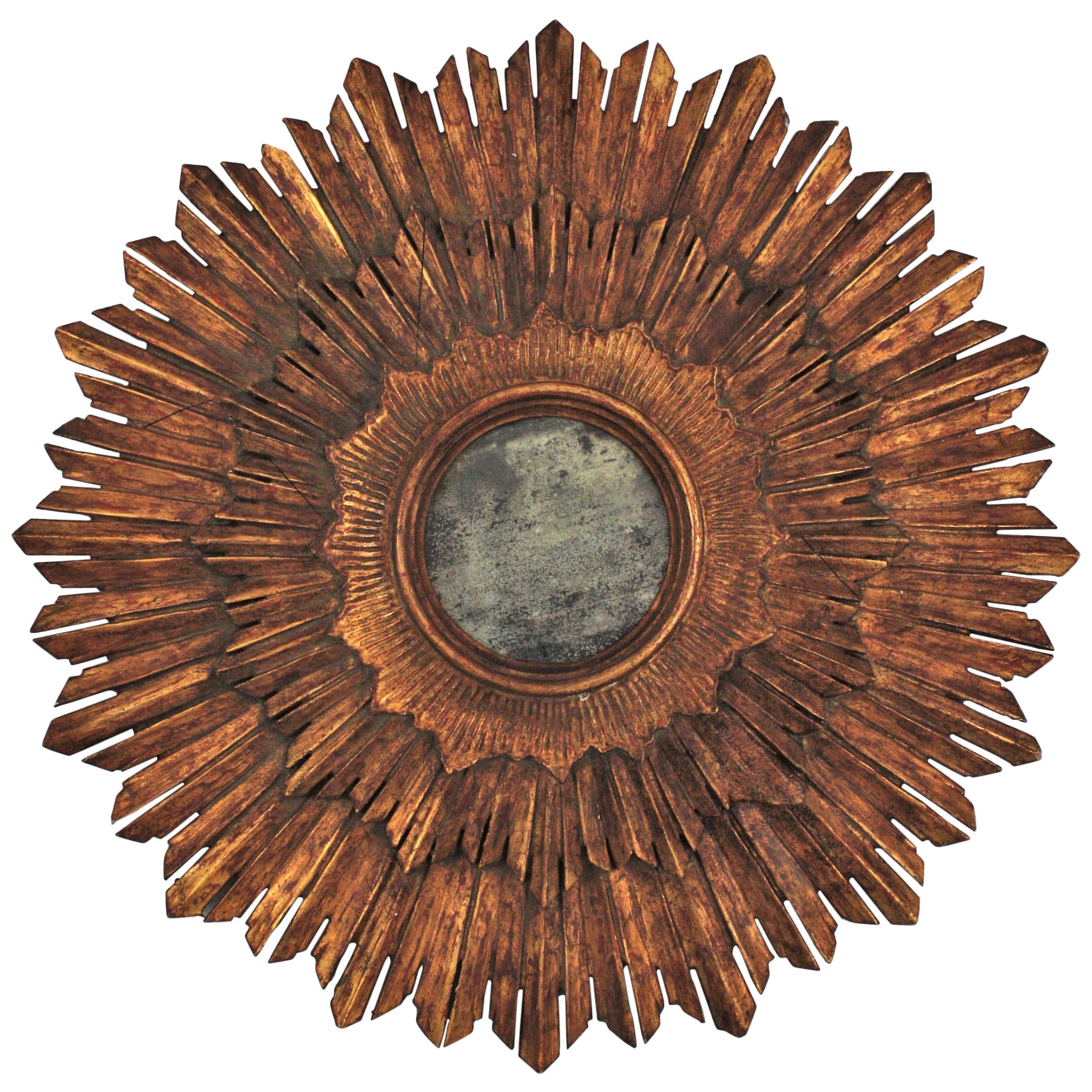 Miroir baroque espagnol Sunburst en bois doré sculpté