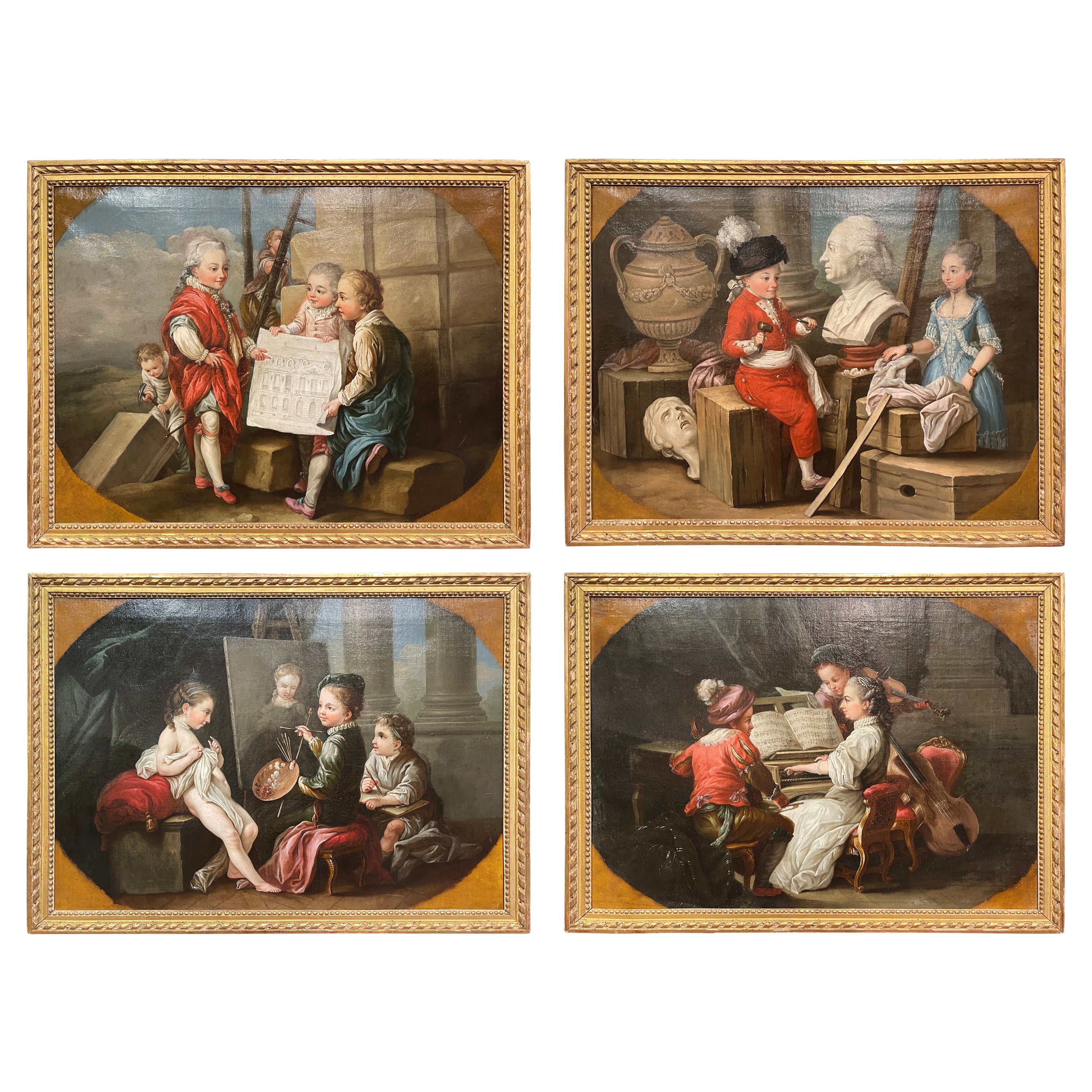 18th Century Allegorical Paintings in Gilt Frame after C. Van Loo, Set of Four For Sale