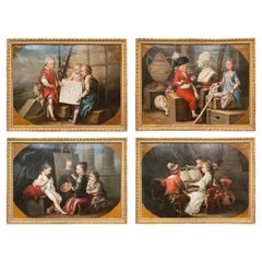 Antique 18th Century Allegorical Paintings in Gilt Frame after C. Van Loo, Set of Four