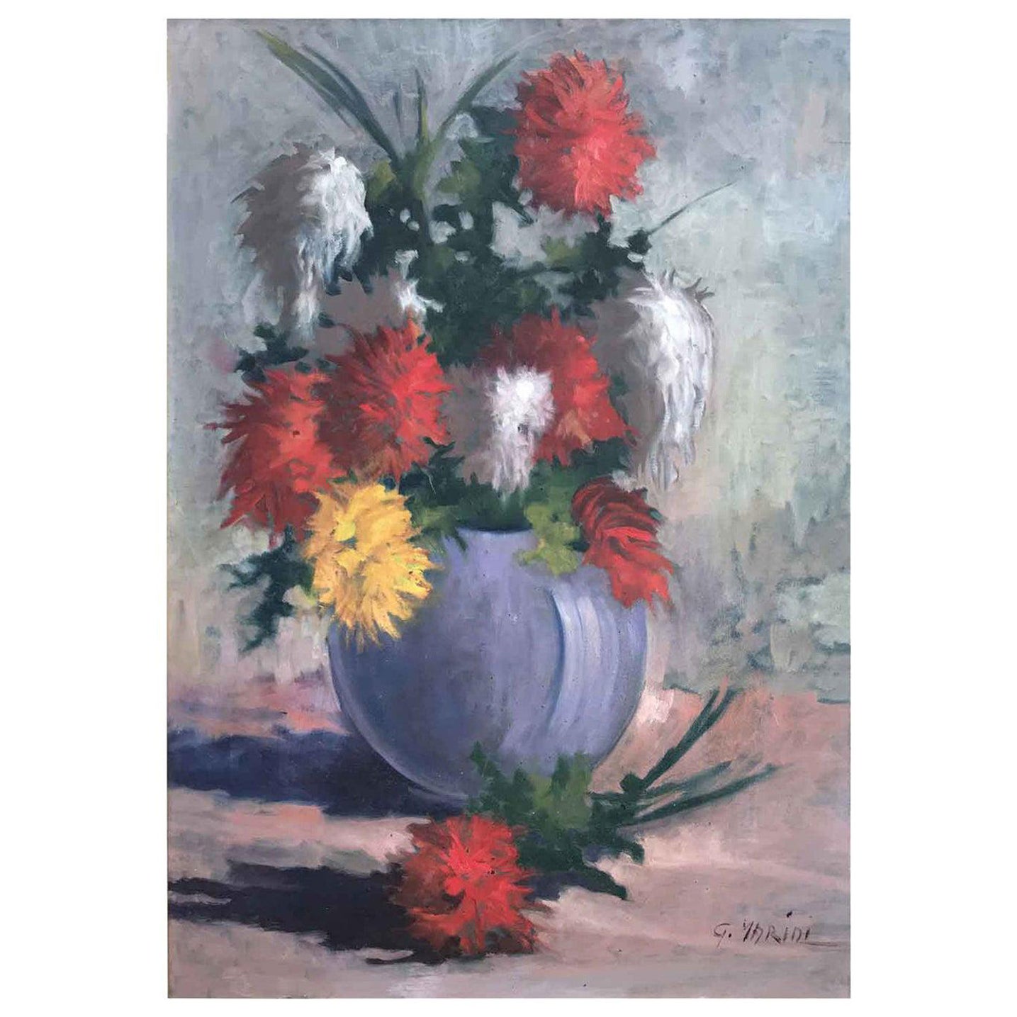Natura Morta di Fiori Entro Vaso Blu dell'Italiano Marini Giovanni, Natura Morta di Fiori  XX Secolo