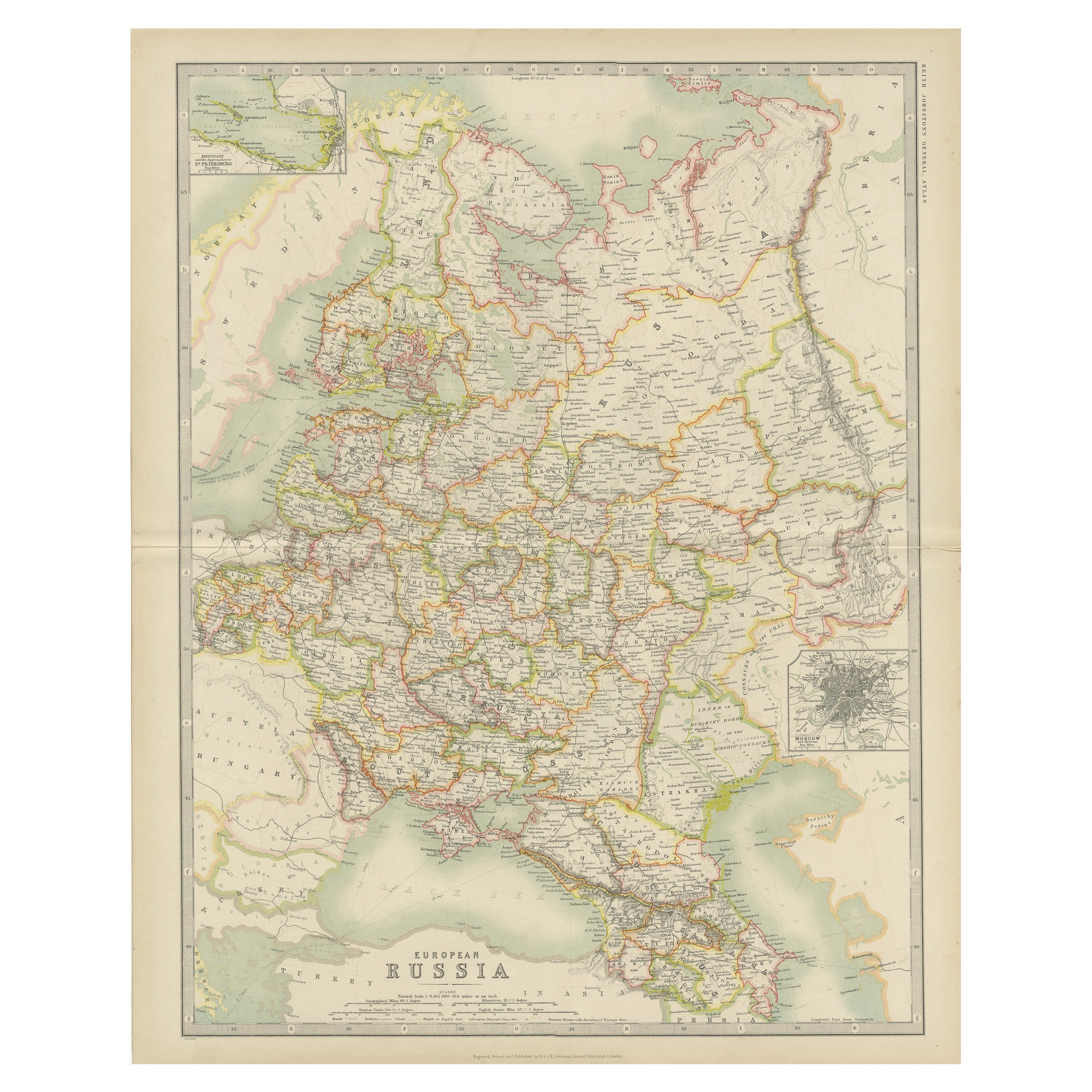 Antique Map of Russia in Europe by Johnston (1909) For Sale