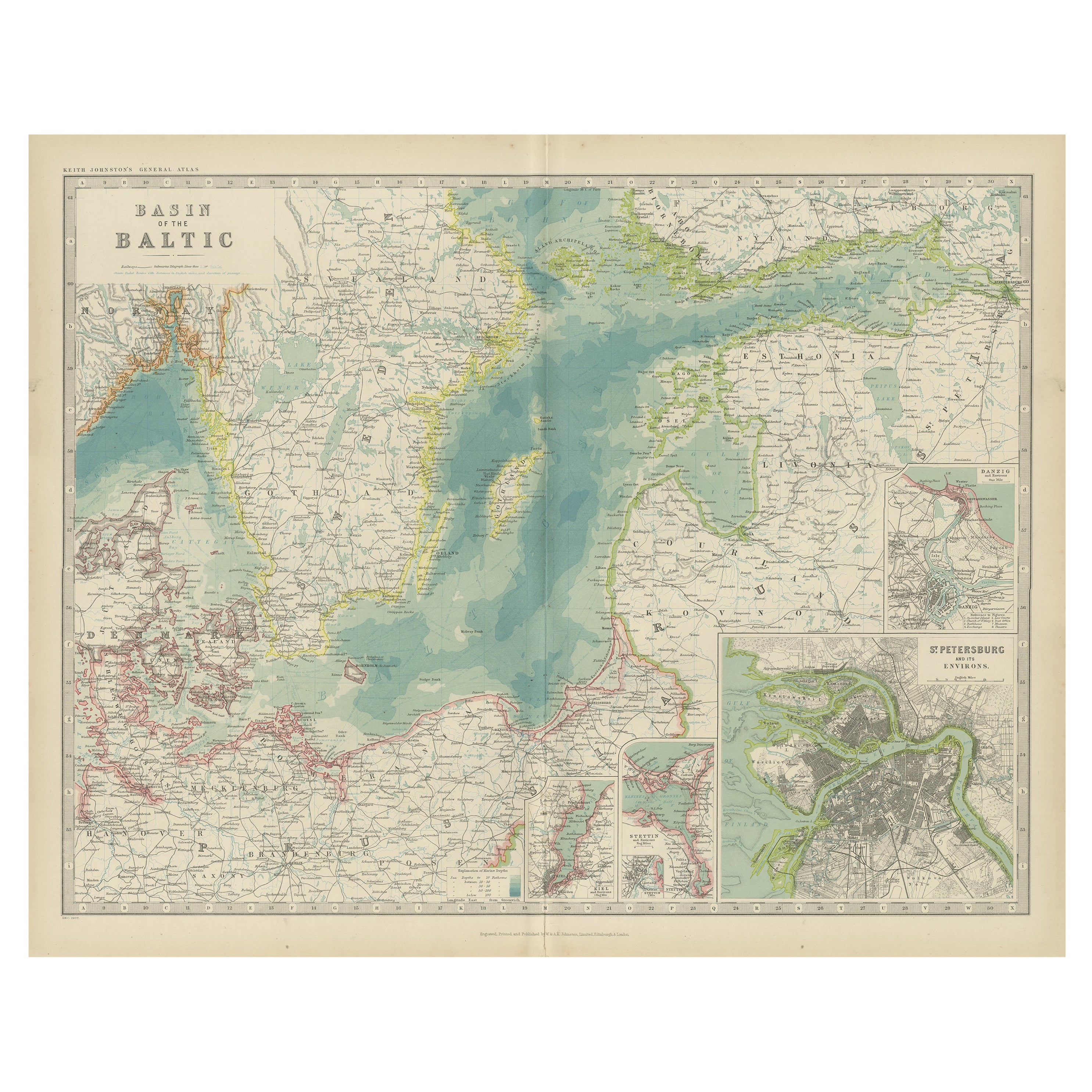 Antique Map of the Baltic Sea by Johnston, '1909' For Sale