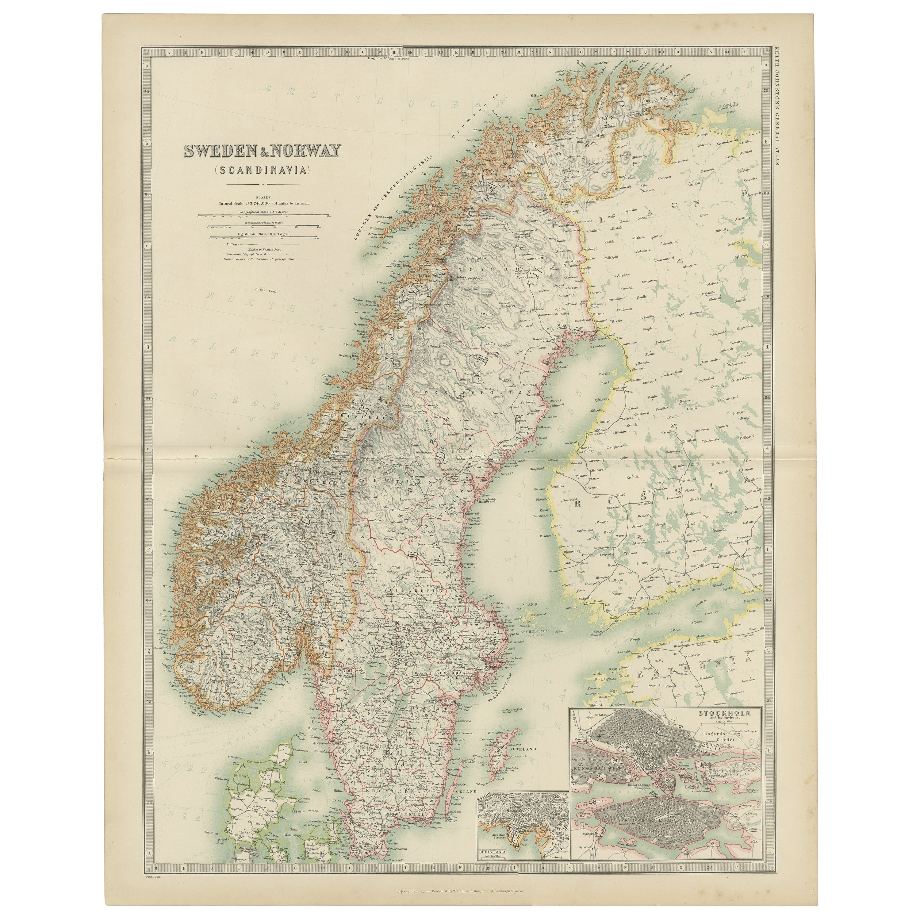 Antique Map of Sweden and Norway by Johnston (1909) For Sale