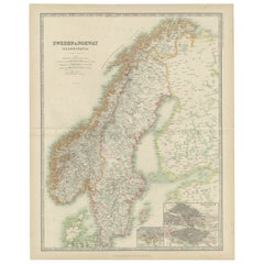 Carte ancienne de la Suède et de la Norvège par Johnston (1909)