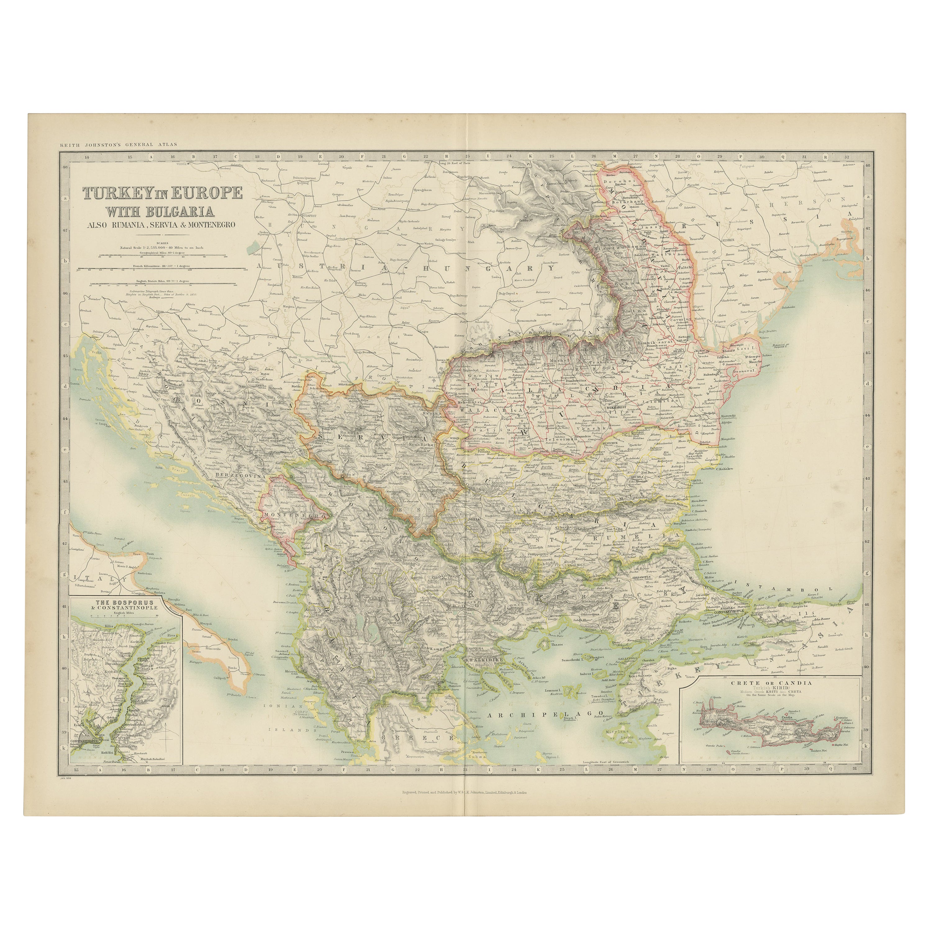 Antique Map of Turkey in Europe with Bulgaria by Johnston '1909'