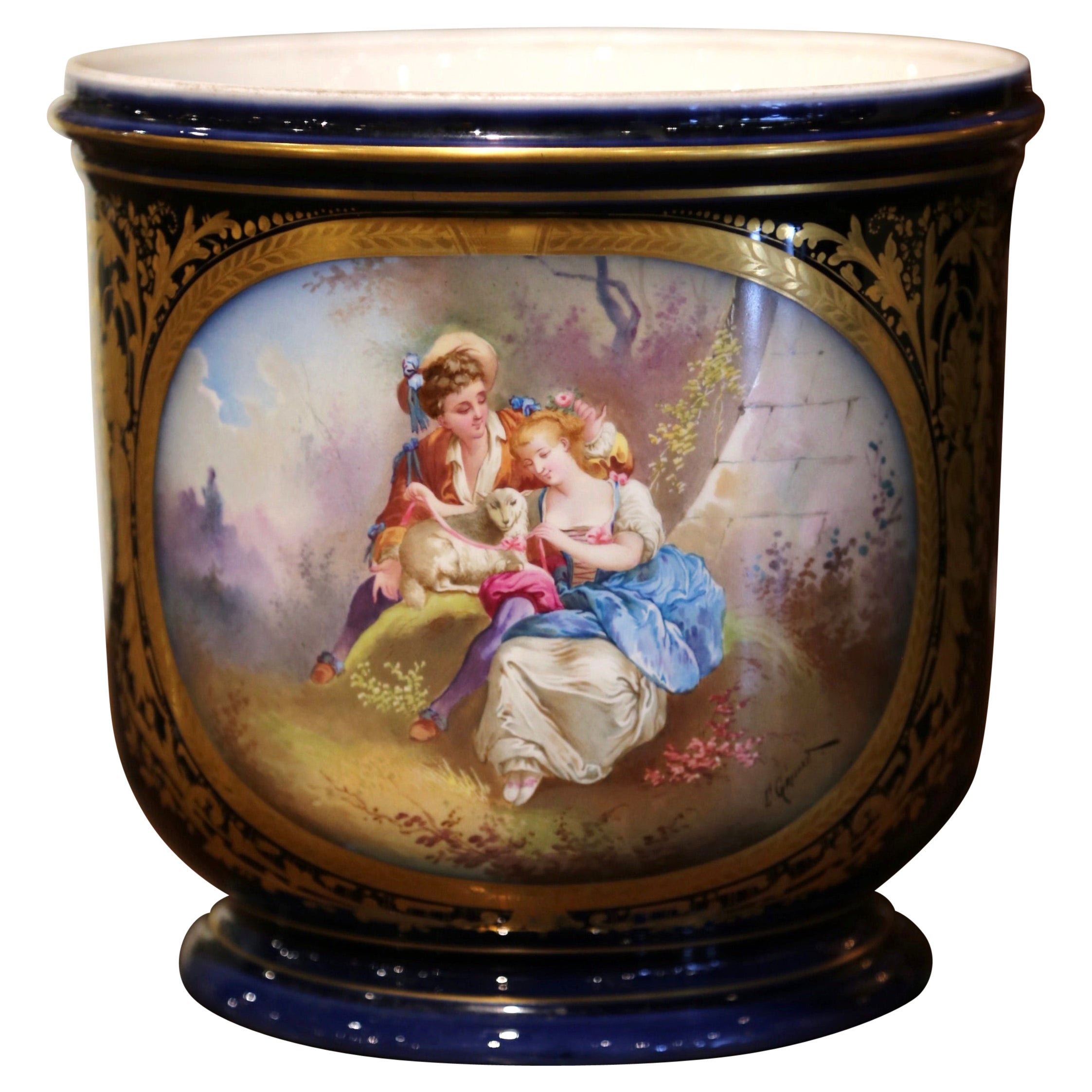 19th Century French Hand Painted Sevres Porcelain Cache Pot Signed E. Grisard