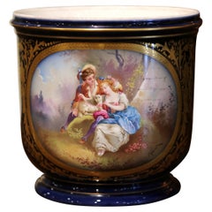 19th Century French Hand Painted Sevres Porcelain Cache Pot Signed E. Grisard