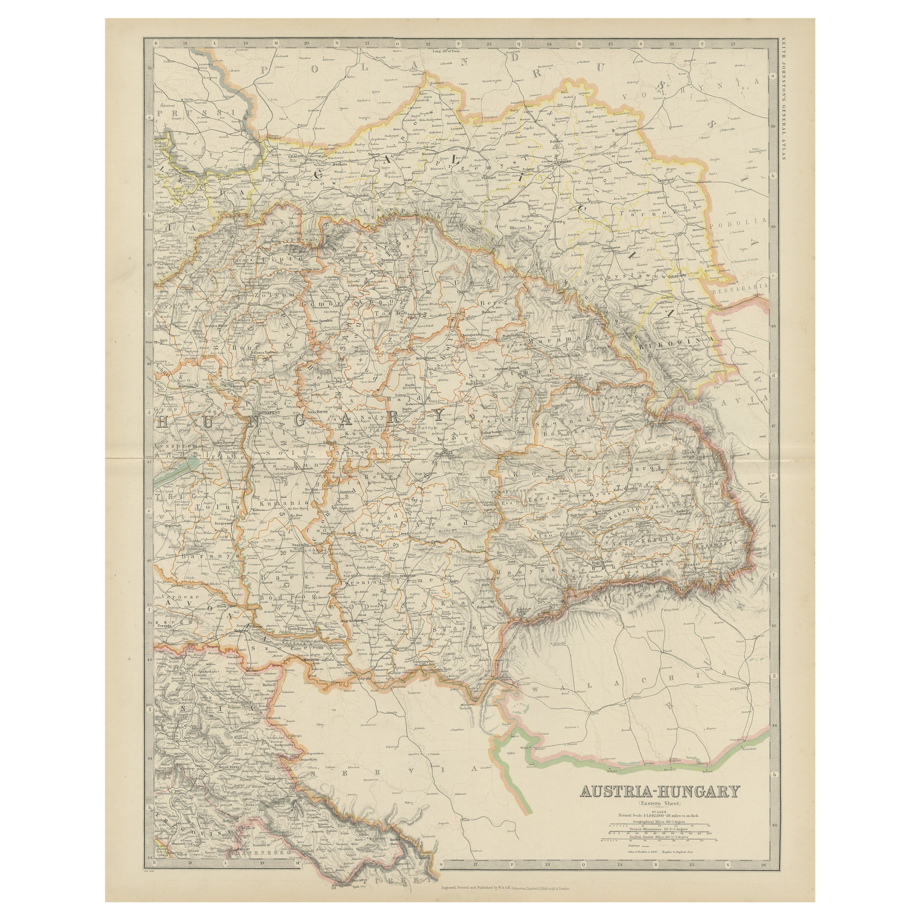 Antique Map of Austria- Hungary by Johnston, '1909' For Sale