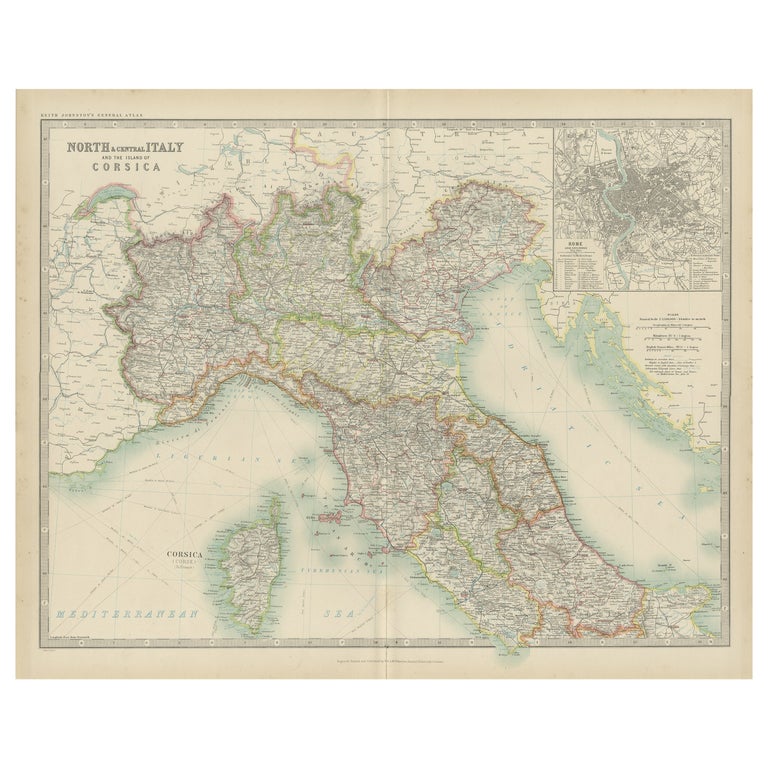 Antique Map of North and Central Italy by Johnston '1909' at 1stDibs