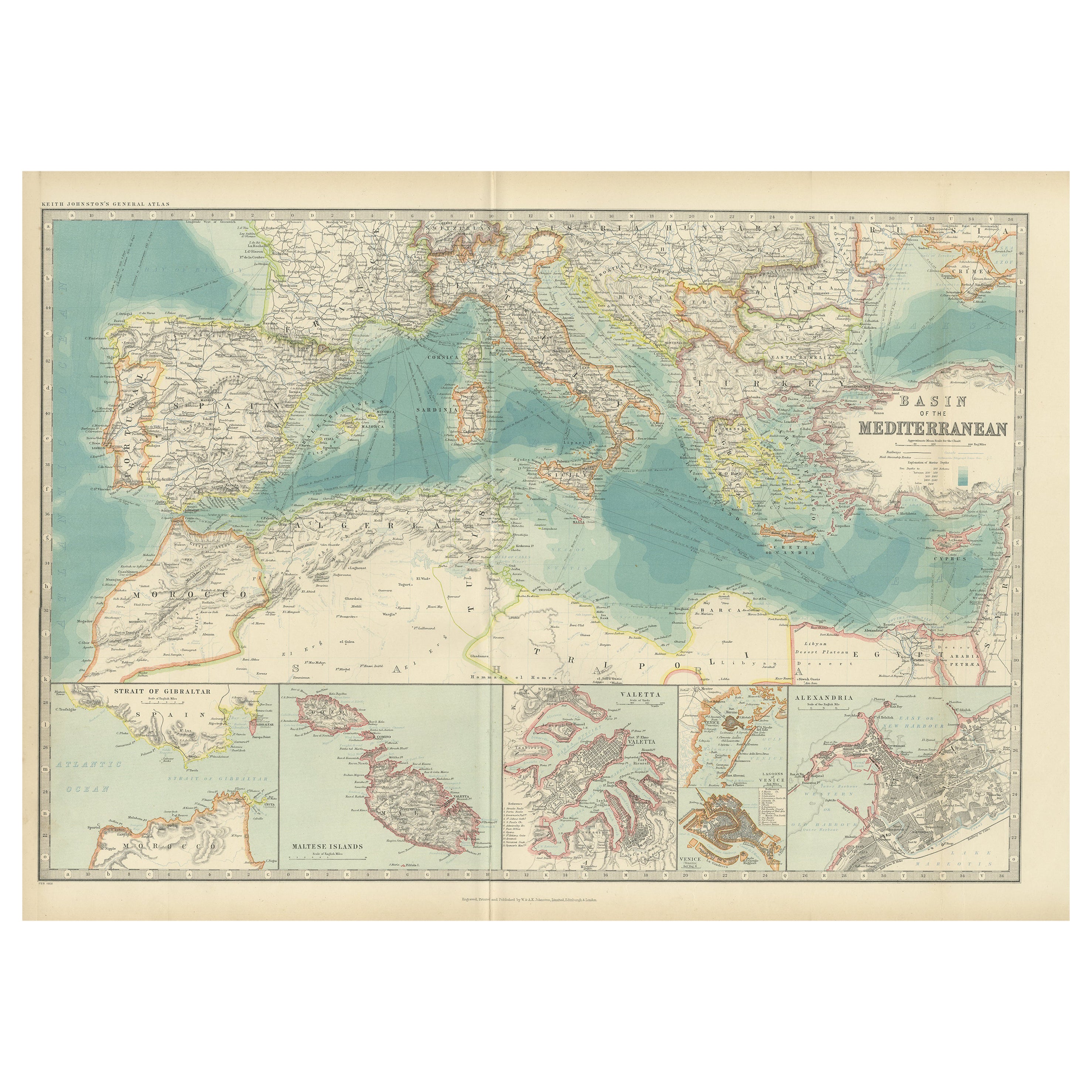 Carte ancienne du bassin de la Méditerranée par Johnston '1909' en vente