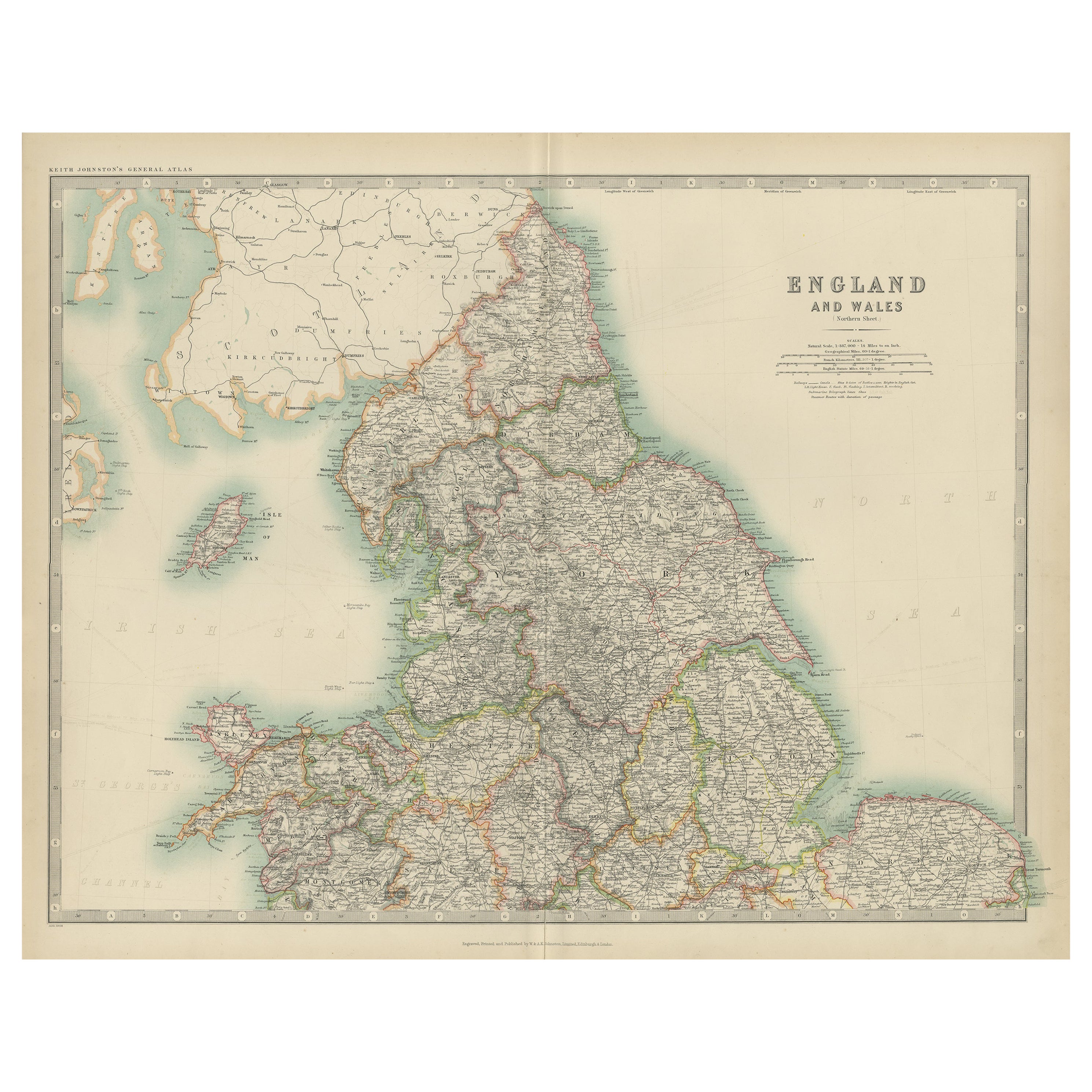 Originale antike Karte von England und Wales aus dem Royal Atlas von 1909 im Angebot