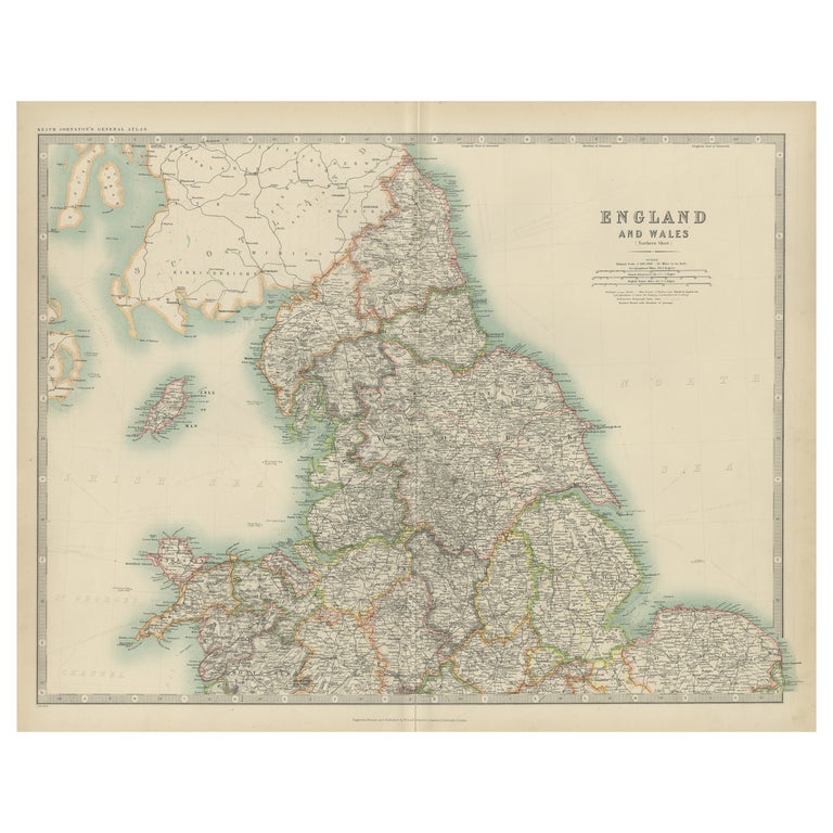 Map Archive England Antique Map of England and Wales by Johnston '1909' For Sale at 1stDibs