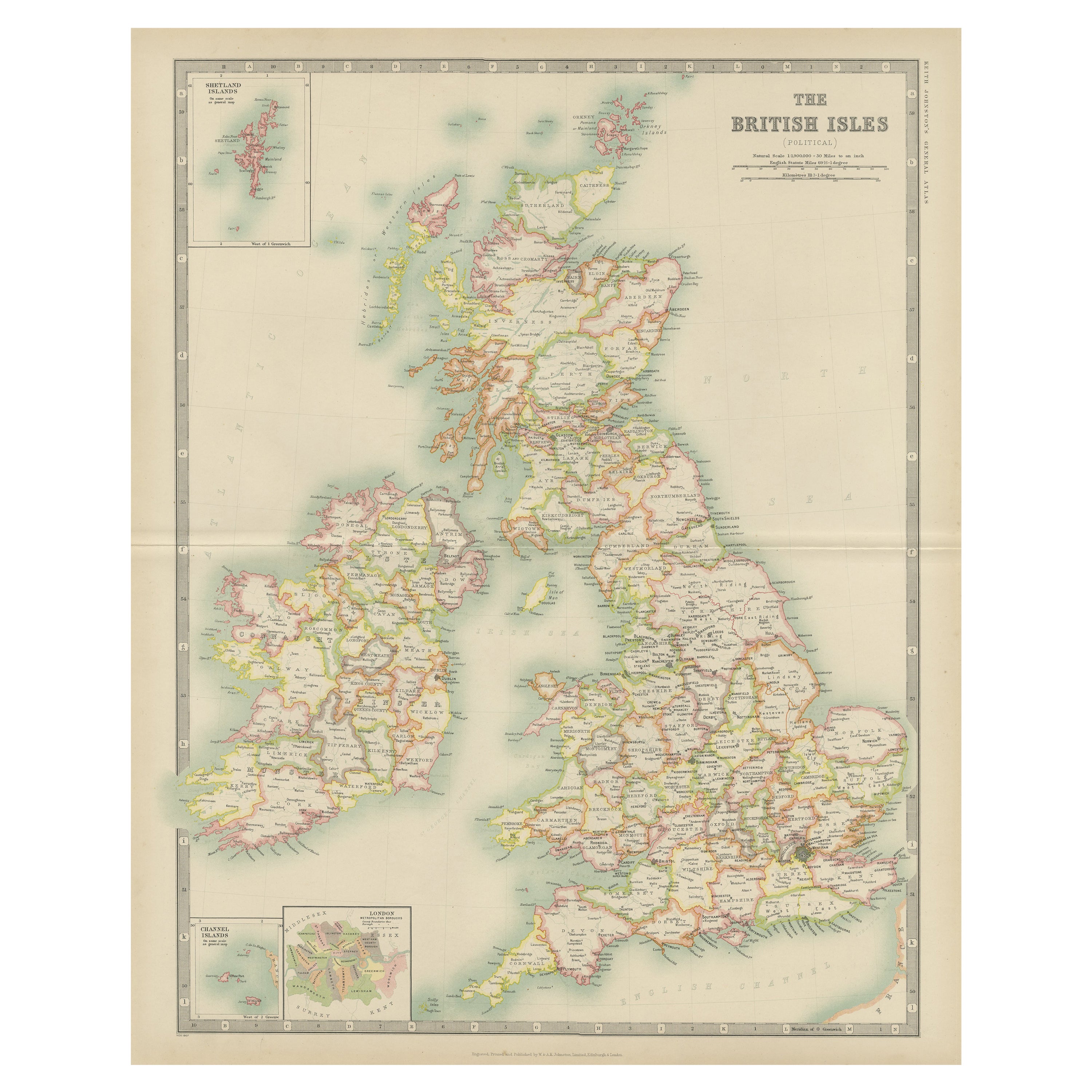 Antike Karte der britischen Inseln von Johnston „1909“