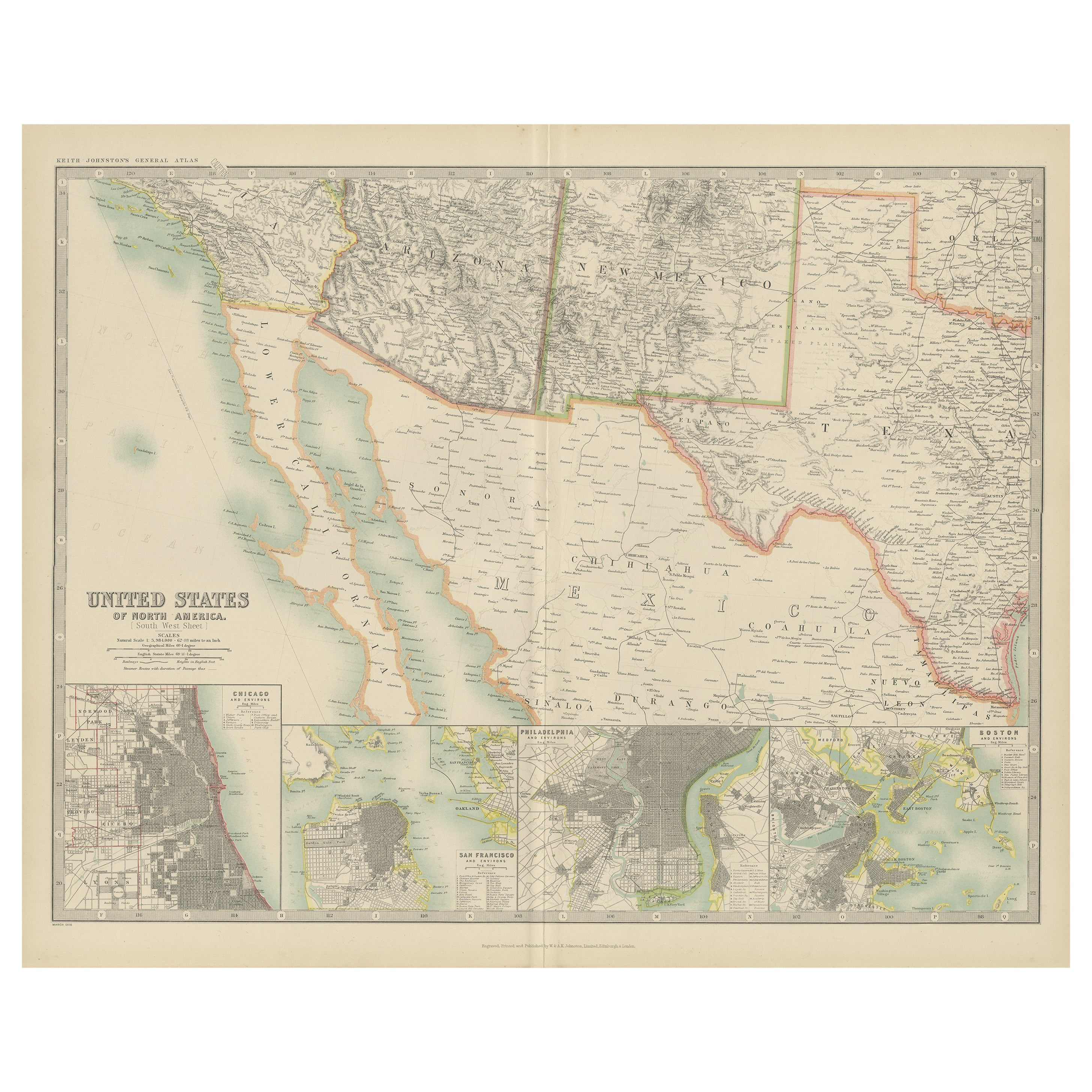 Carte ancienne des États-Unis d'Amérique du Nord par Johnston '1909' en vente