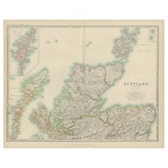 Carta geografica antica della Scozia "settentrionale" di Johnston, "1909