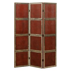 French Accordion Style Folding Screen, Textured Leather & Mirrored Glass