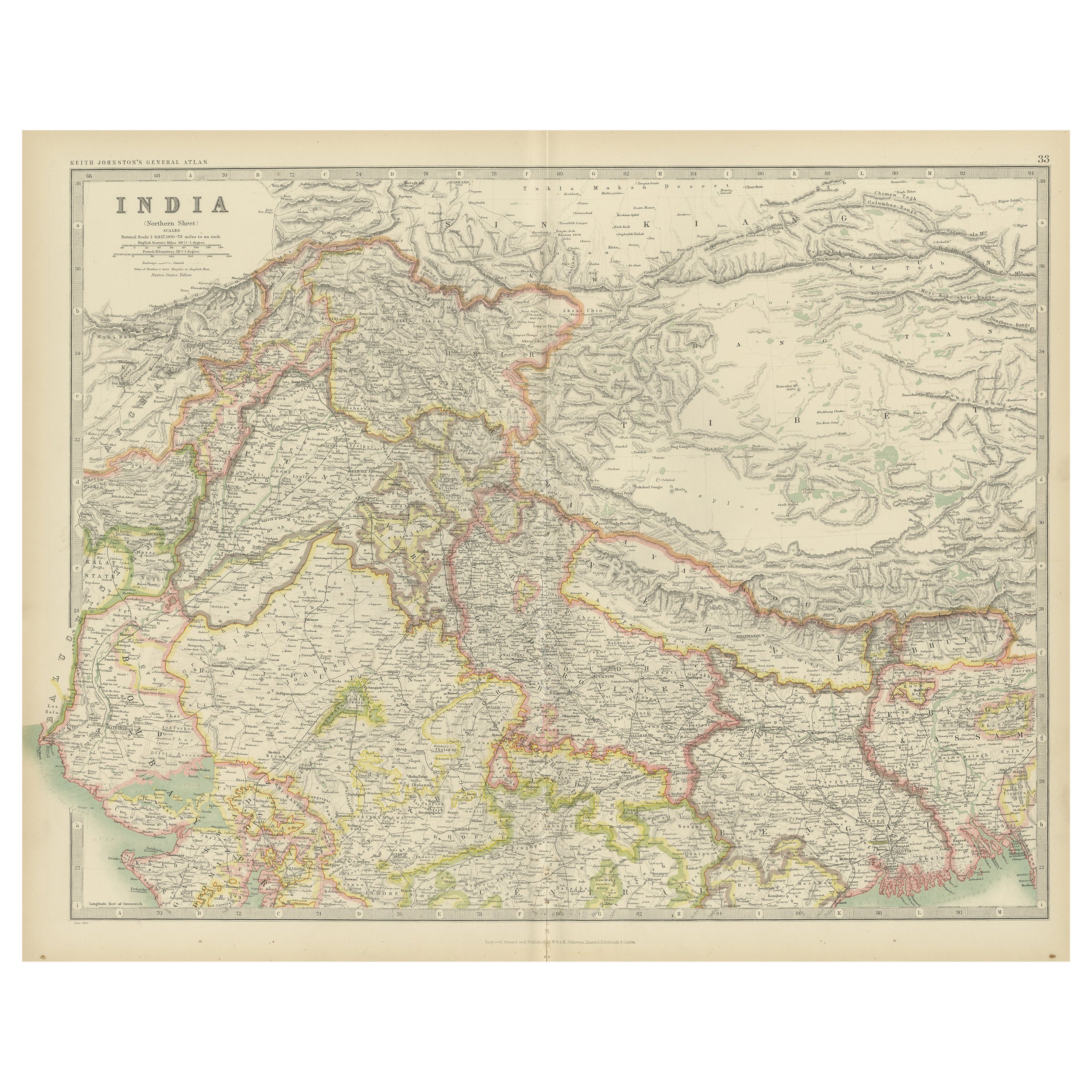 Antike Karte Indiens „Northern“ von Johnston „1909“