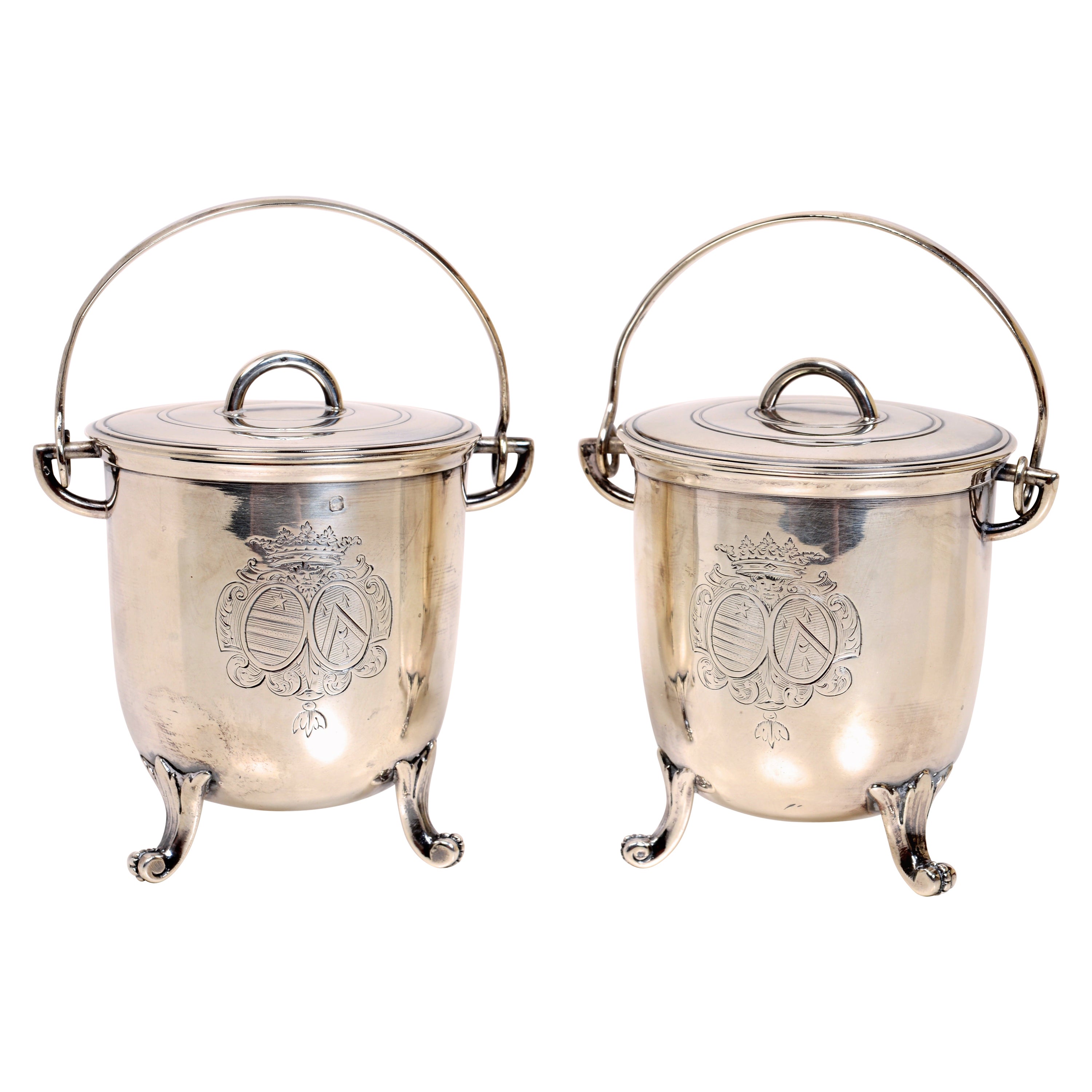 Pair of French Silver Jam, Mustard or Pots de Creme Pots, c1900