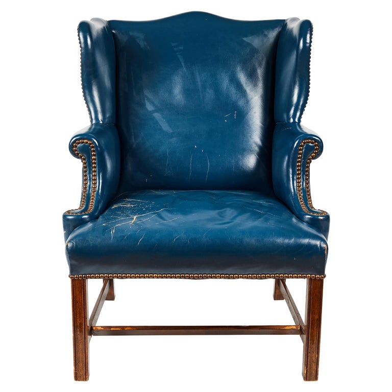 Antique Blue Leather Wingback Chair For Sale at 1stDibs
