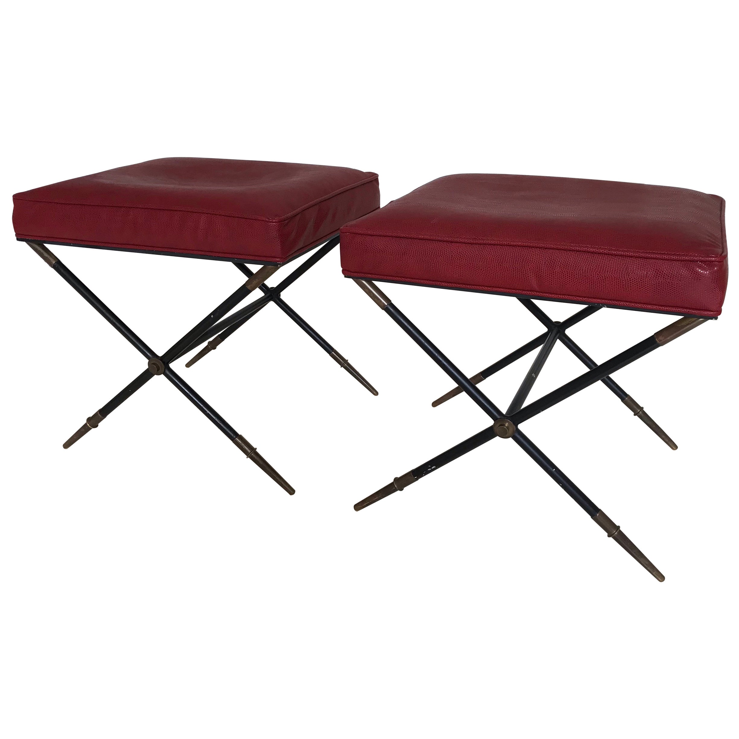 Pair of Embossed Leather X-Base Stools by Tommi Parzinger